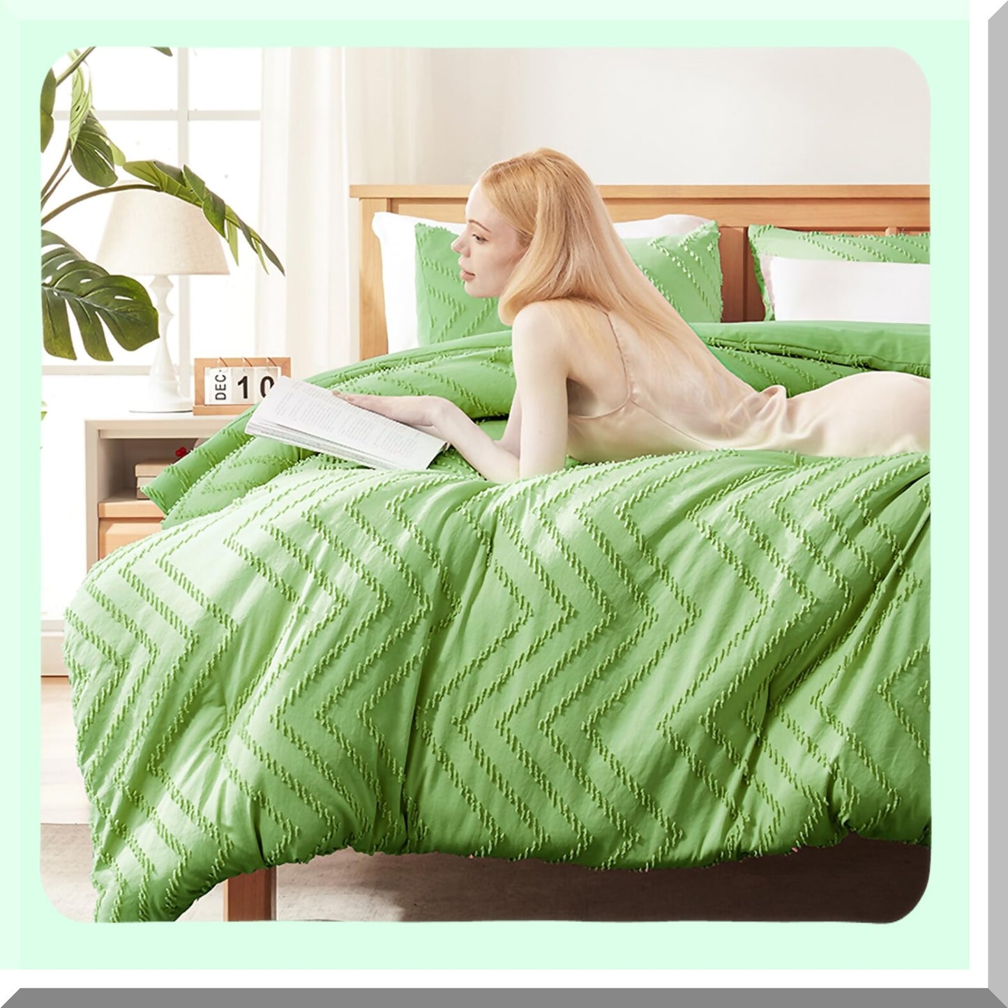 Boho Green Tufted Queen Comforter Set - 3 Piece All Season Bedding Ensemble with Comforter and Pillow Shams - Queen Size Down Alternative Comforter Set