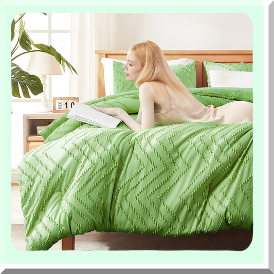 Boho Green Tufted Queen Comforter Set - 3 Piece All Season Bedding Ensemble with Comforter and Pillow Shams - Queen Size Down Alternative Comforter Set