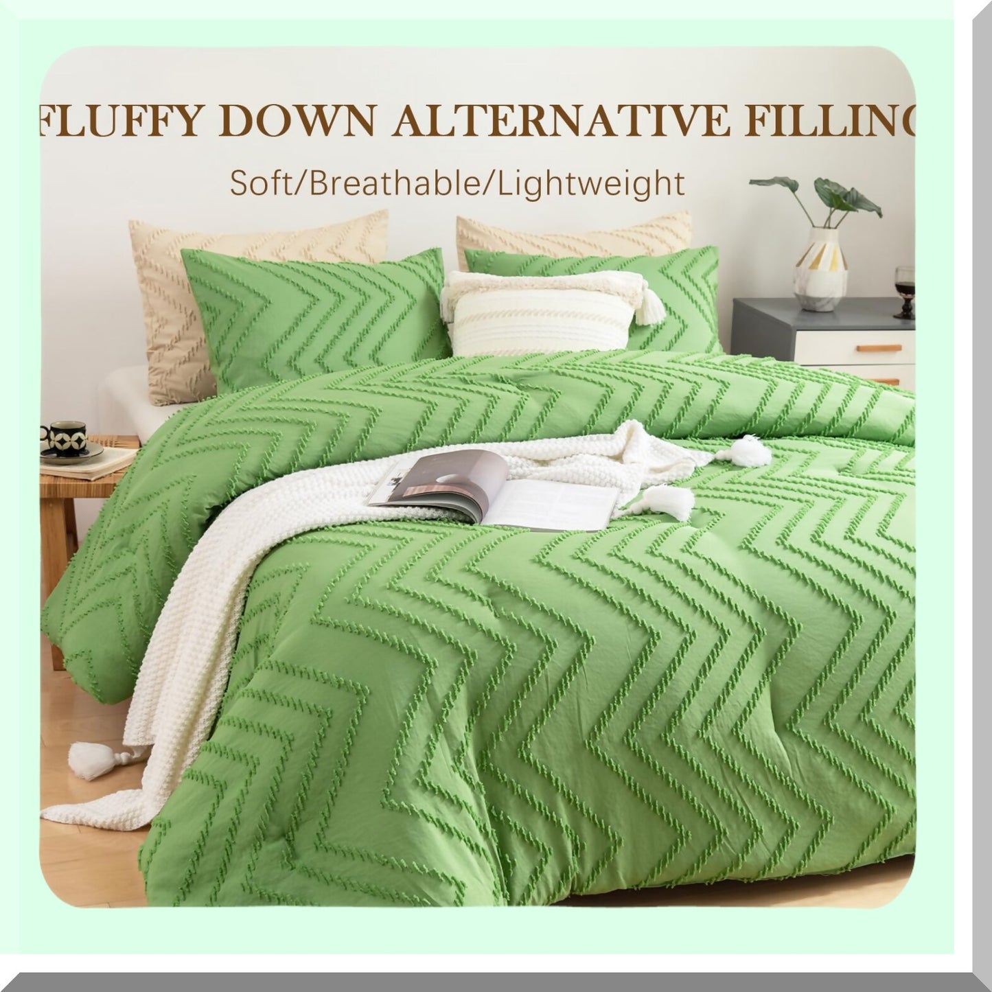 Boho Green Tufted Queen Comforter Set - 3 Piece All Season Bedding Ensemble with Comforter and Pillow Shams - Queen Size Down Alternative Comforter Set