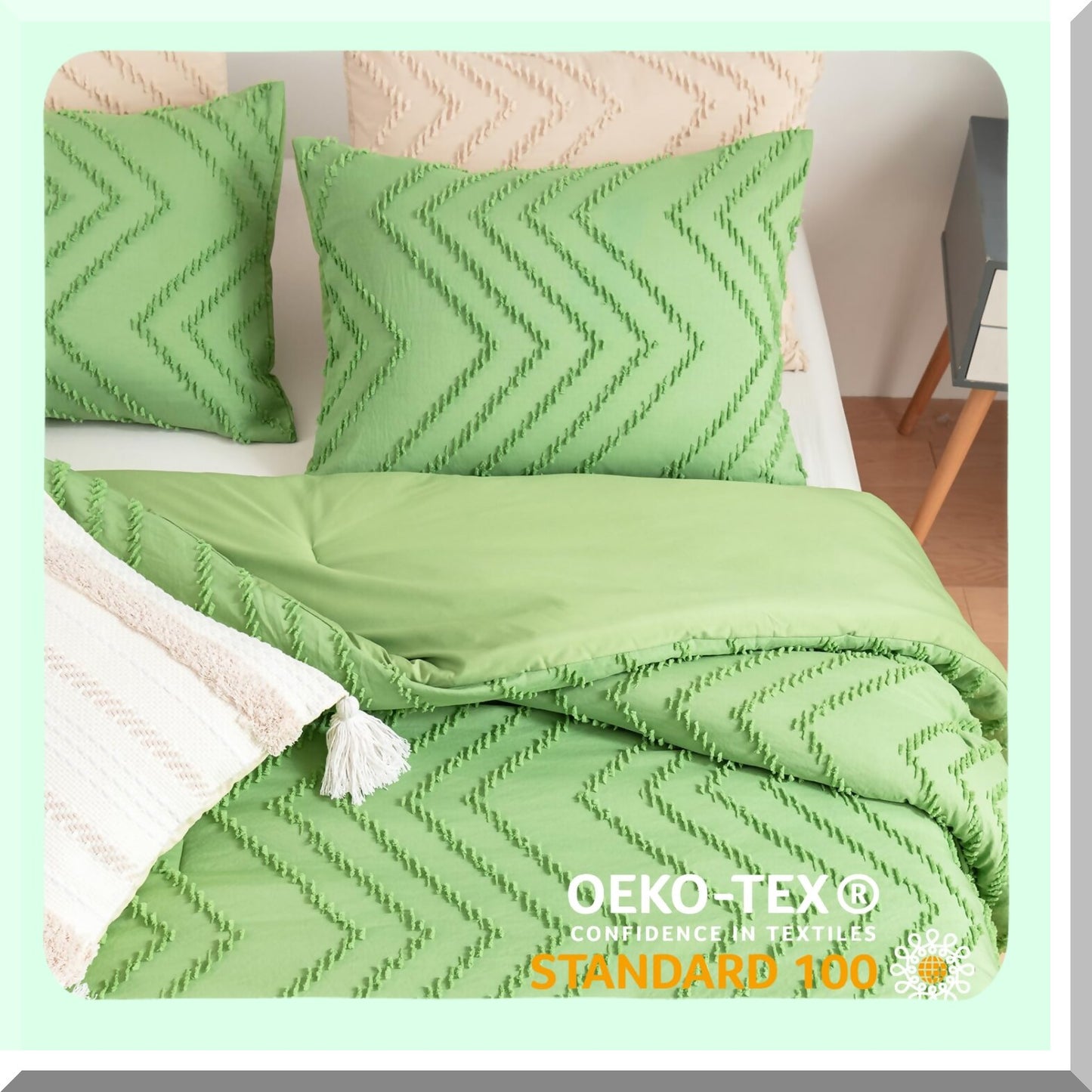 Boho Green Tufted Queen Comforter Set - 3 Piece All Season Bedding Ensemble with Comforter and Pillow Shams - Queen Size Down Alternative Comforter Set