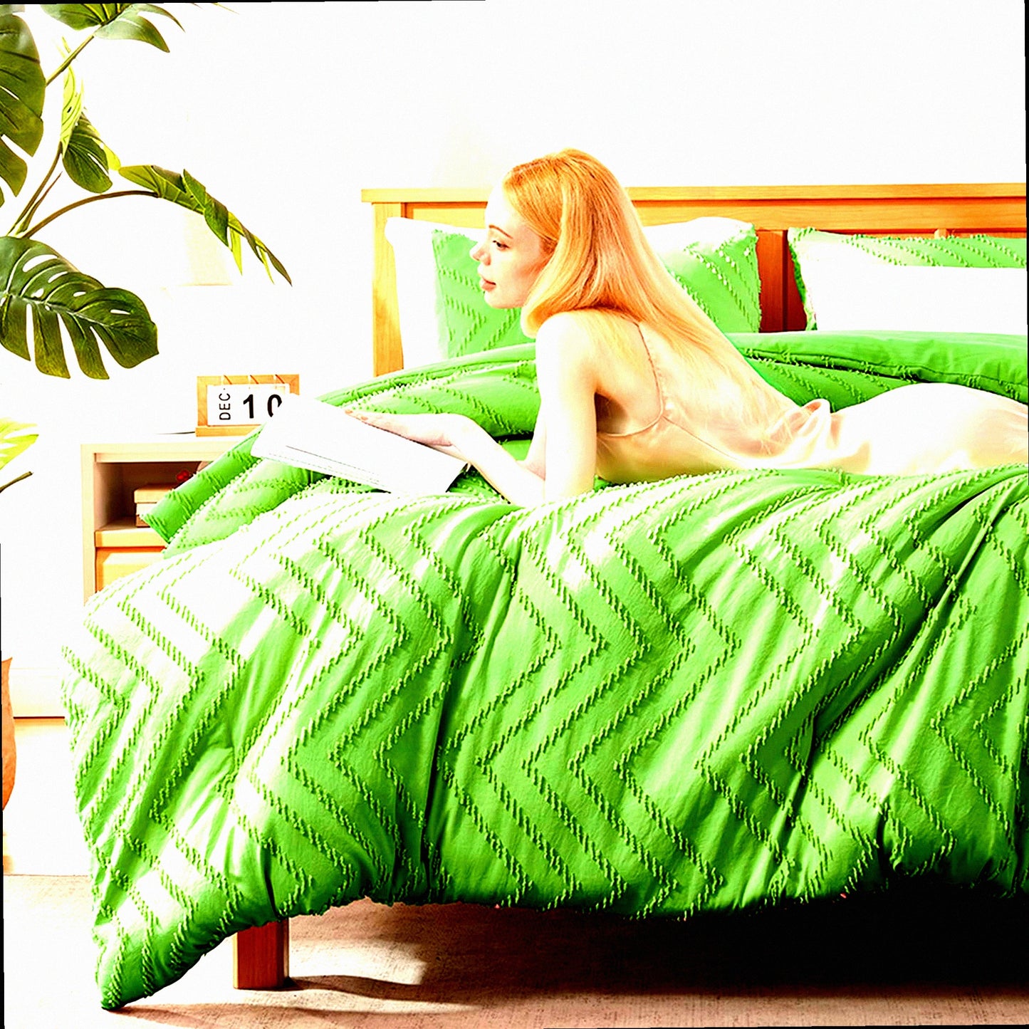 Boho Green Tufted Queen Comforter Set - 3 Piece All Season Bedding Ensemble with Comforter and Pillow Shams - Queen Size Down Alternative Comforter Set