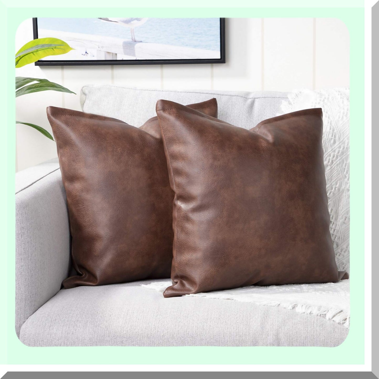 Luxury Leather Decorative Pillow Covers - Modern Solid Outdoor Cushion Cases for Couch Sofa Bed - 16x16 Inches Dark Brown - Set of 2
