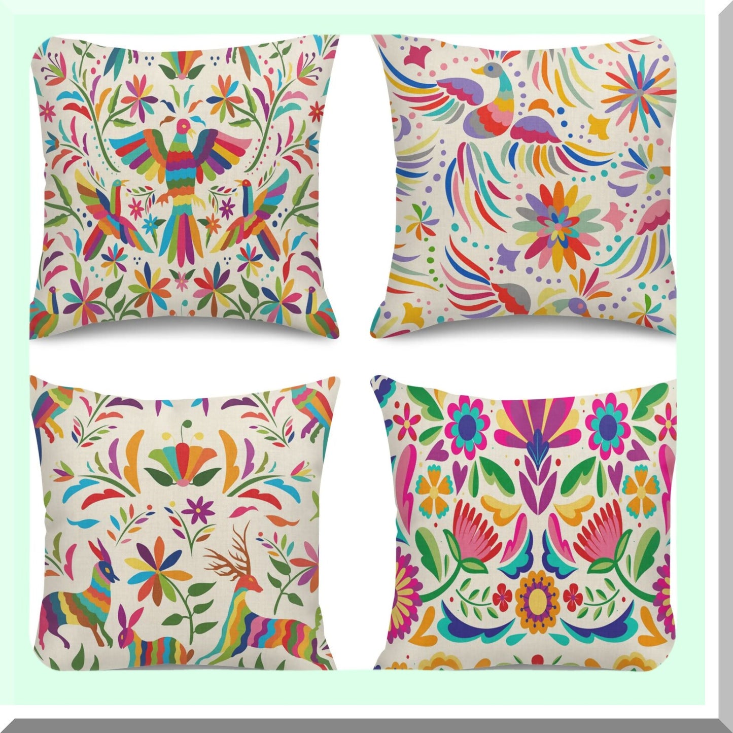 Colorful Birds & Flowers Decorative Pillow Covers Set - Ethnic Mexican Home Decor Cushion Cases for Couch Sofa - 18 x 18 Inches Square Pillowcases