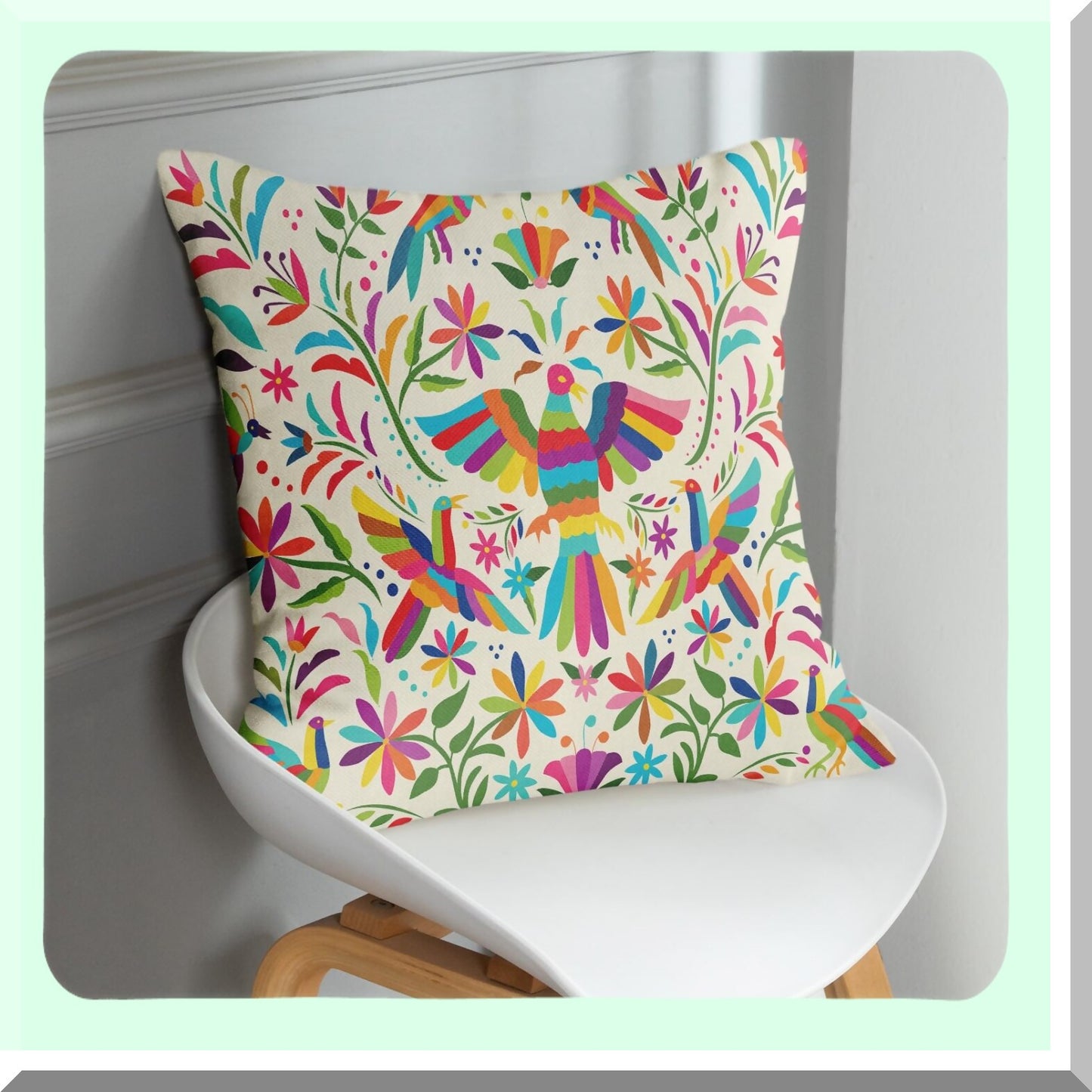 Colorful Birds & Flowers Decorative Pillow Covers Set - Ethnic Mexican Home Decor Cushion Cases for Couch Sofa - 18 x 18 Inches Square Pillowcases