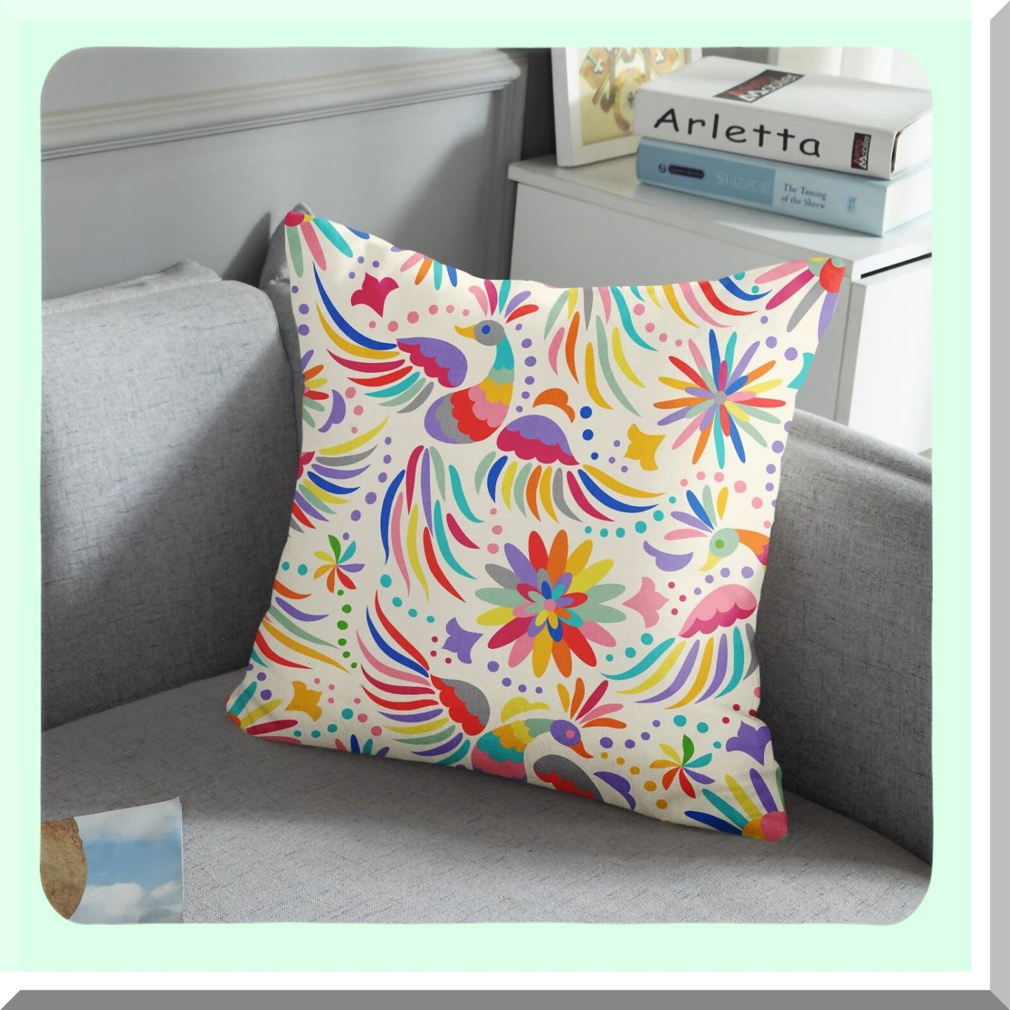 Colorful Birds & Flowers Decorative Pillow Covers Set - Ethnic Mexican Home Decor Cushion Cases for Couch Sofa - 18 x 18 Inches Square Pillowcases