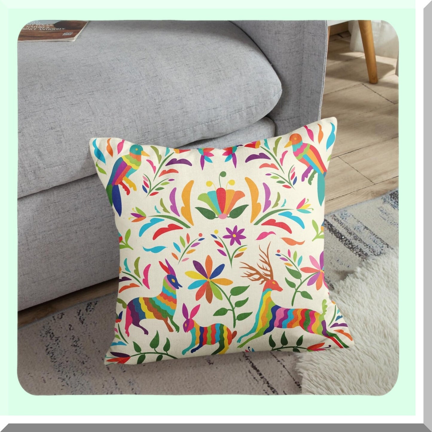 Colorful Birds & Flowers Decorative Pillow Covers Set - Ethnic Mexican Home Decor Cushion Cases for Couch Sofa - 18 x 18 Inches Square Pillowcases