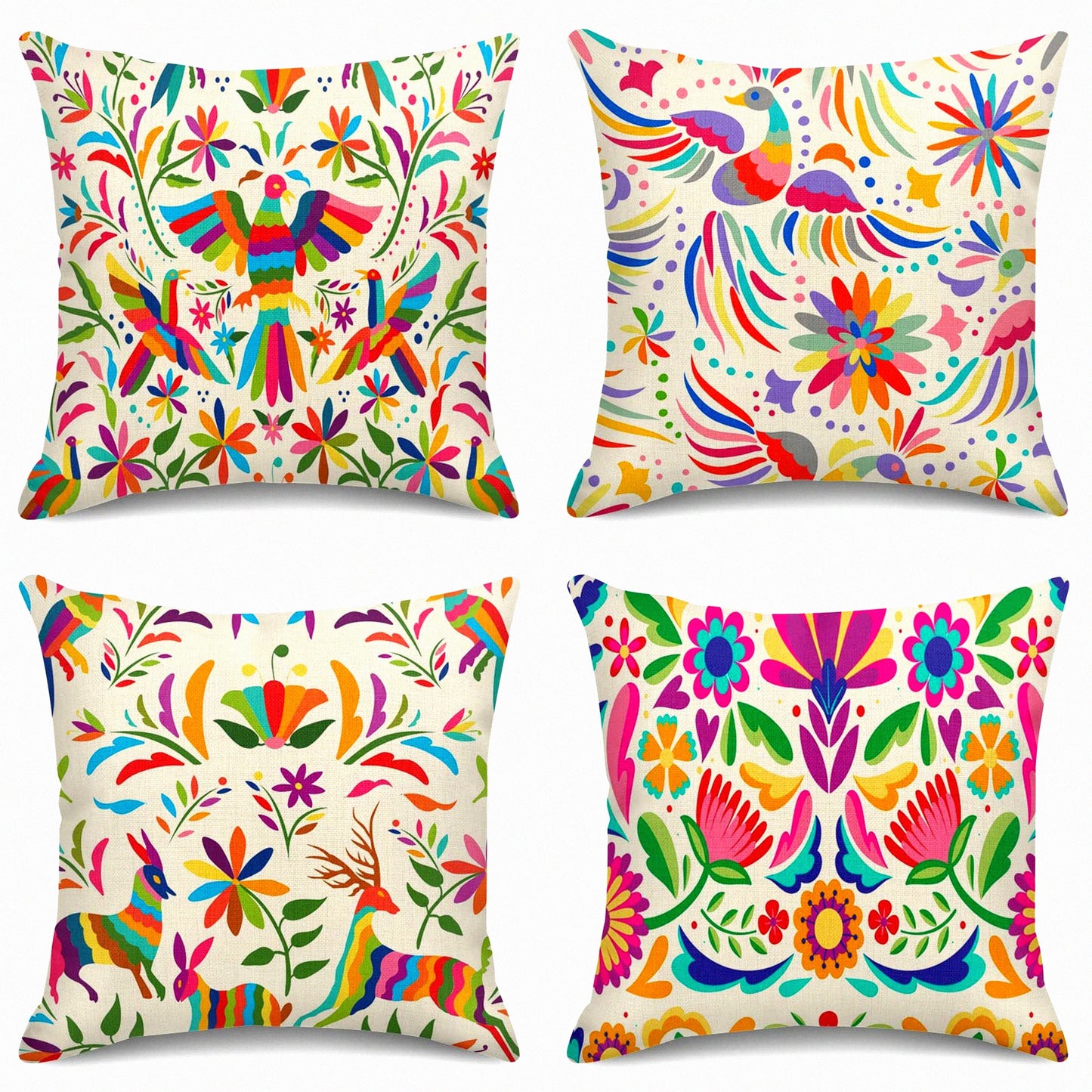 Colorful Birds & Flowers Decorative Pillow Covers Set - Ethnic Mexican Home Decor Cushion Cases for Couch Sofa - 18 x 18 Inches Square Pillowcases