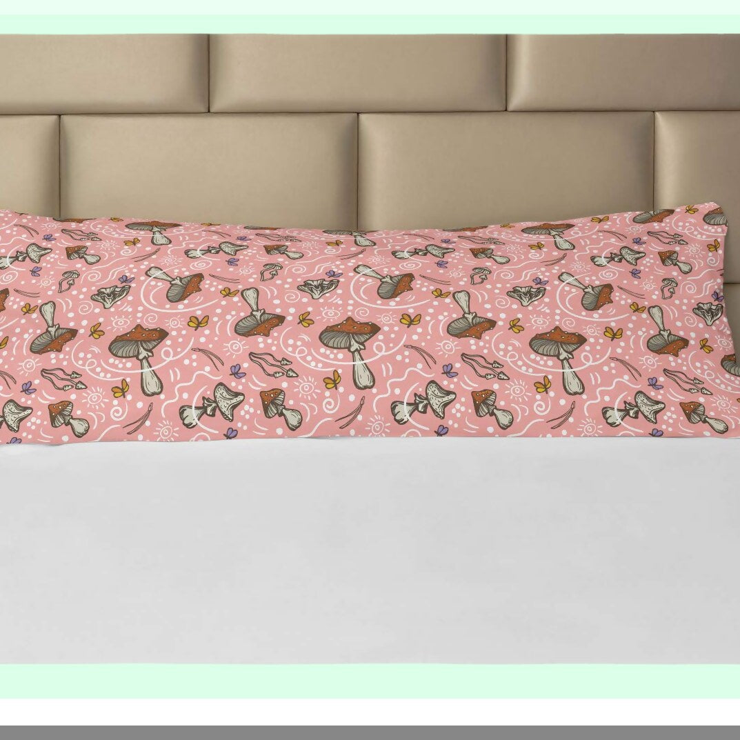 Pastel Forest Dreams Body Pillow Cover - Mushrooms Butterflies Flowers Dragonfly - Decorative Long Pillowcase 21" x 54" - Pink Cinnamon Zippered