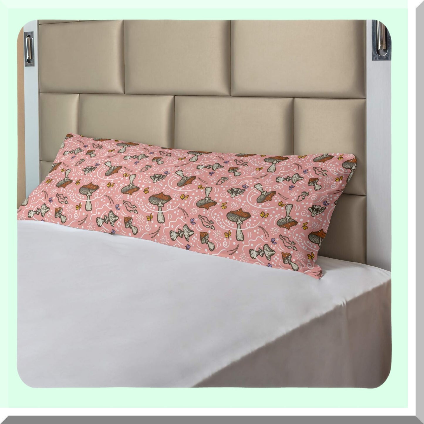 Pastel Forest Dreams Body Pillow Cover - Mushrooms Butterflies Flowers Dragonfly - Decorative Long Pillowcase 21" x 54" - Pink Cinnamon Zippered