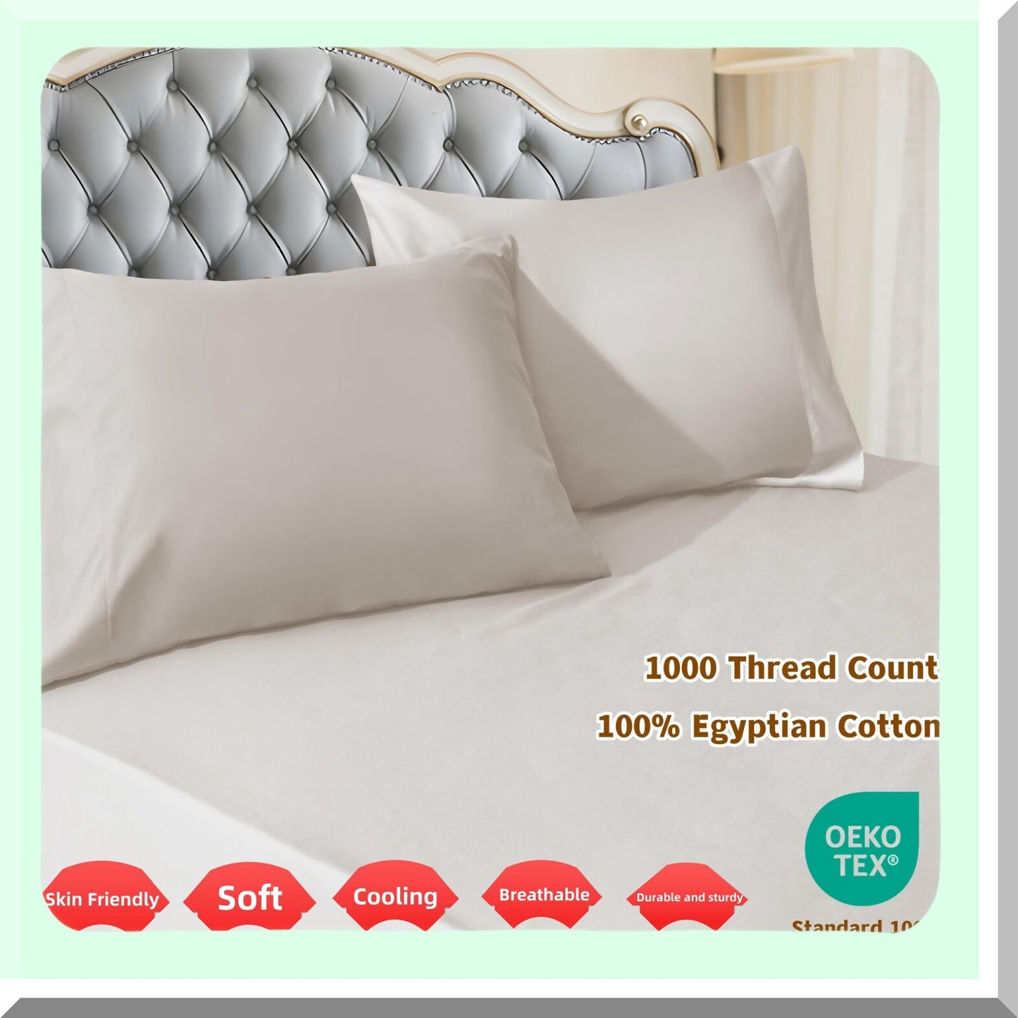 Luxury Silk Soft Pillowcases - 1000 Thread Count 100% Cotton, Light Beige Pattern, Envelope Closure, Set of 2 (20"x40") Bed Pillow Covers