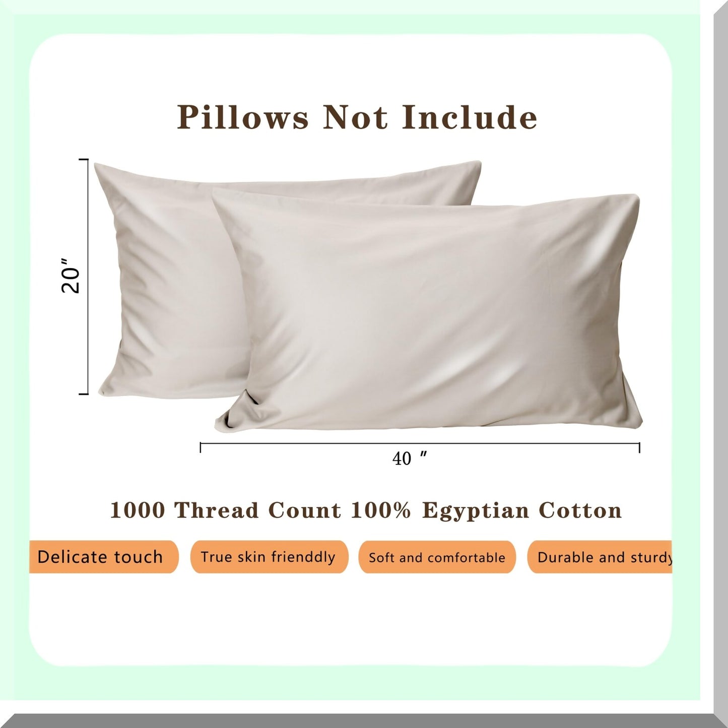 Luxury Silk Soft Pillowcases - 1000 Thread Count 100% Cotton, Light Beige Pattern, Envelope Closure, Set of 2 (20"x40") Bed Pillow Covers
