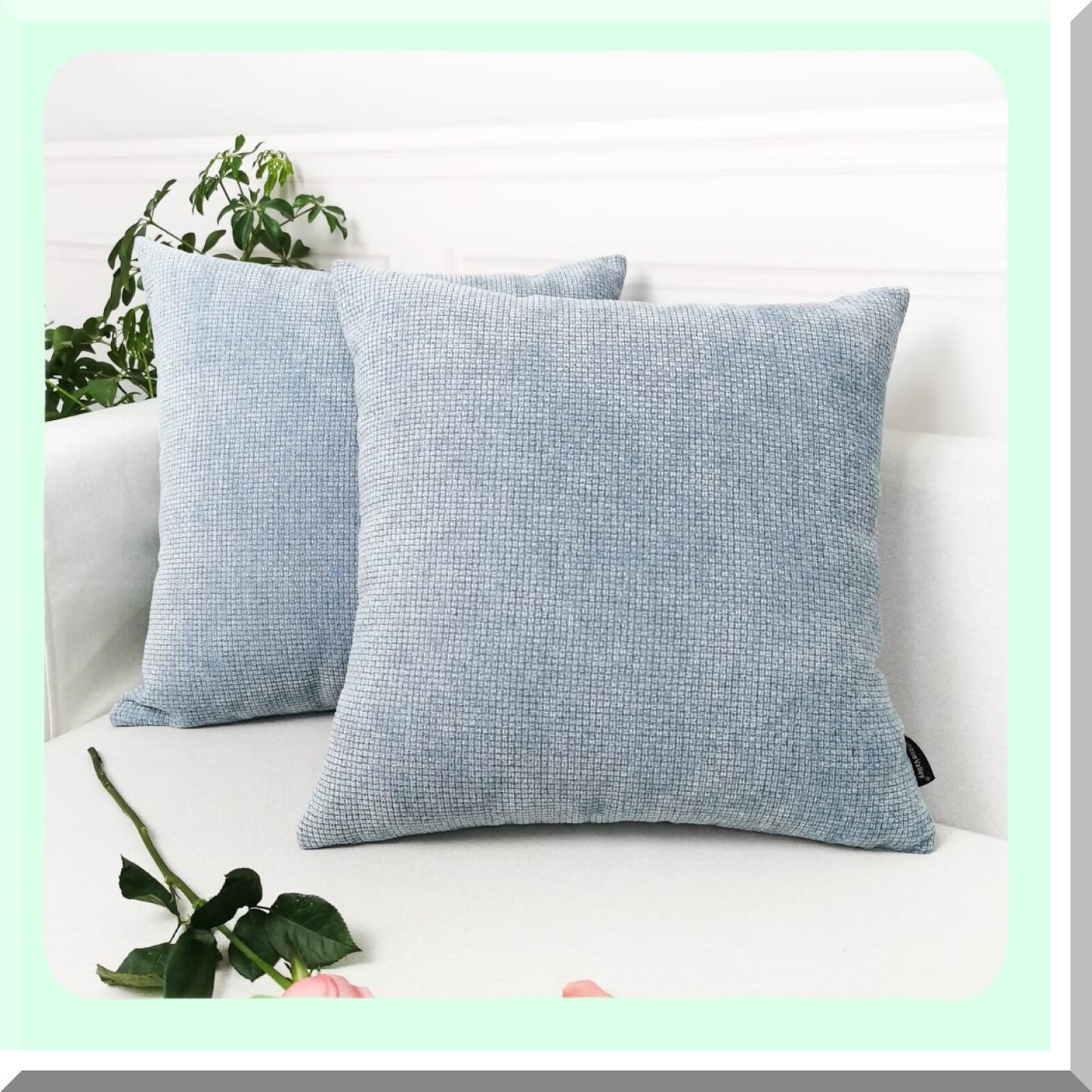 Rustic Chenille Farmhouse Pillow Covers - Set of 2 Thick Texture Square Throw Cases for Sofa & Bedroom - 18x18 Inch Light Blue