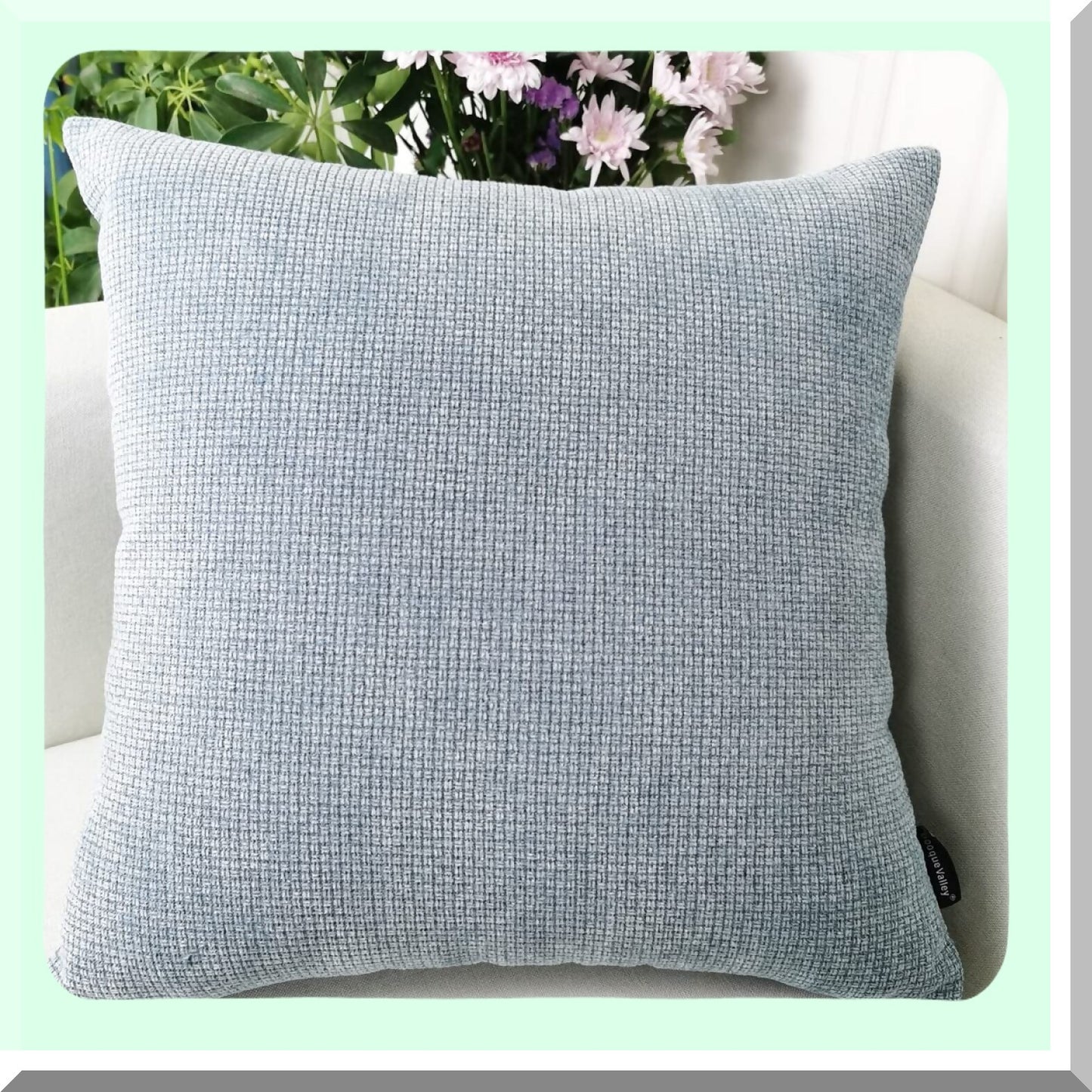 Rustic Chenille Farmhouse Pillow Covers - Set of 2 Thick Texture Square Throw Cases for Sofa & Bedroom - 18x18 Inch Light Blue