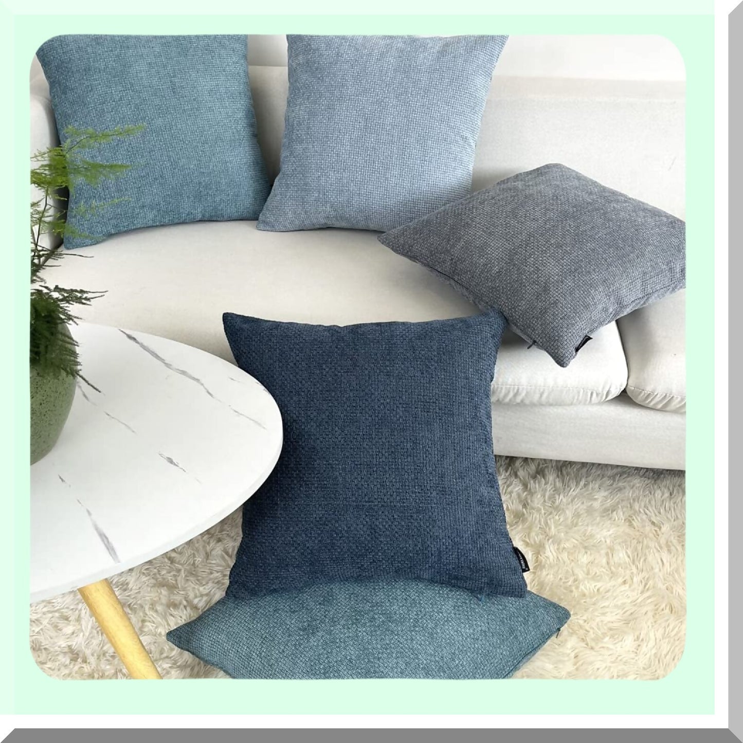 Rustic Chenille Farmhouse Pillow Covers - Set of 2 Thick Texture Square Throw Cases for Sofa & Bedroom - 18x18 Inch Light Blue