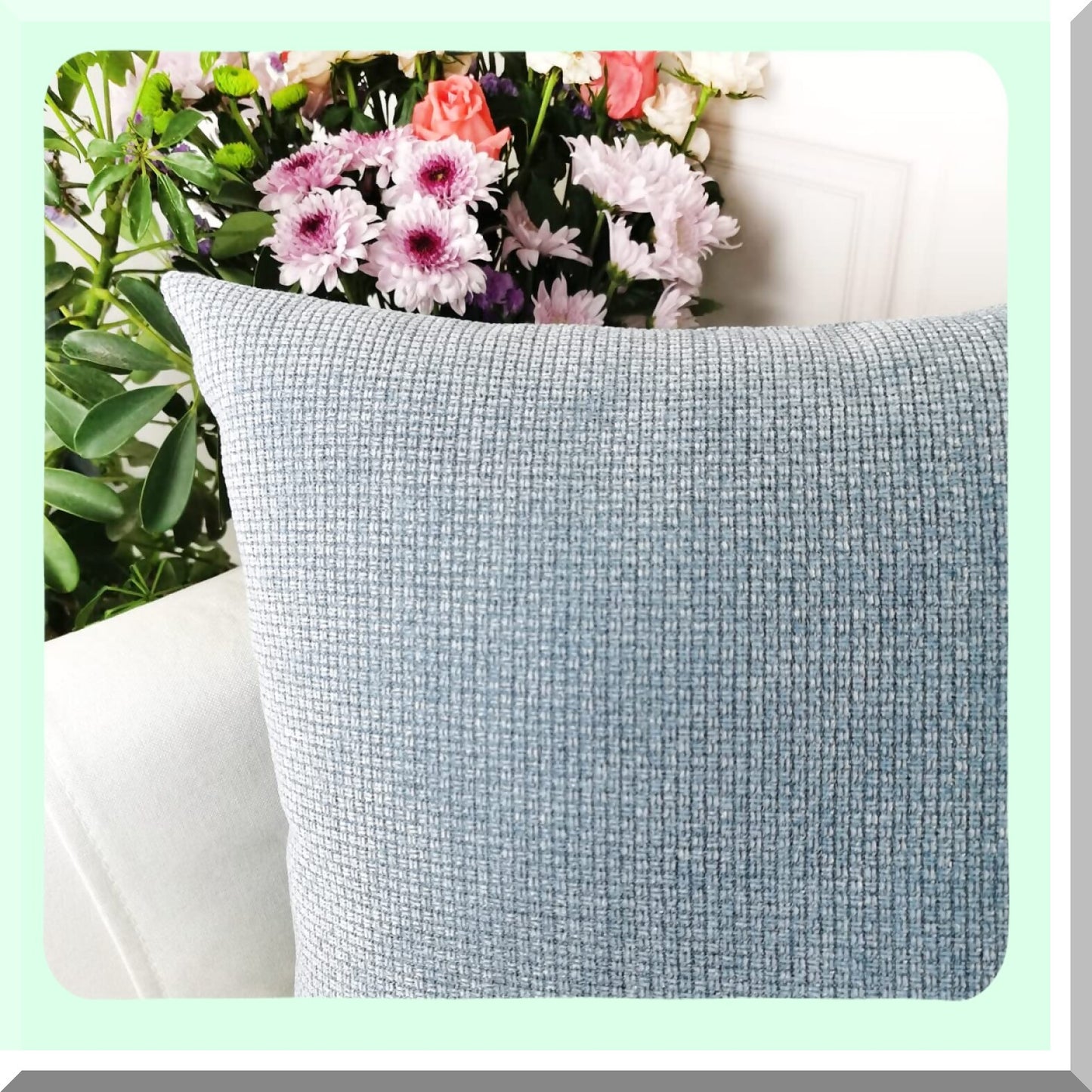 Rustic Chenille Farmhouse Pillow Covers - Set of 2 Thick Texture Square Throw Cases for Sofa & Bedroom - 18x18 Inch Light Blue