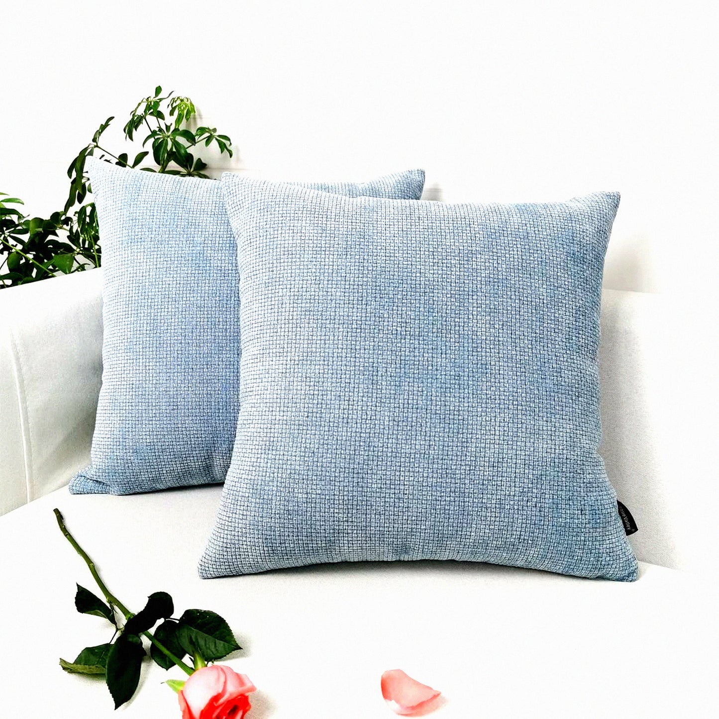 Rustic Chenille Farmhouse Pillow Covers - Set of 2 Thick Texture Square Throw Cases for Sofa & Bedroom - 18x18 Inch Light Blue