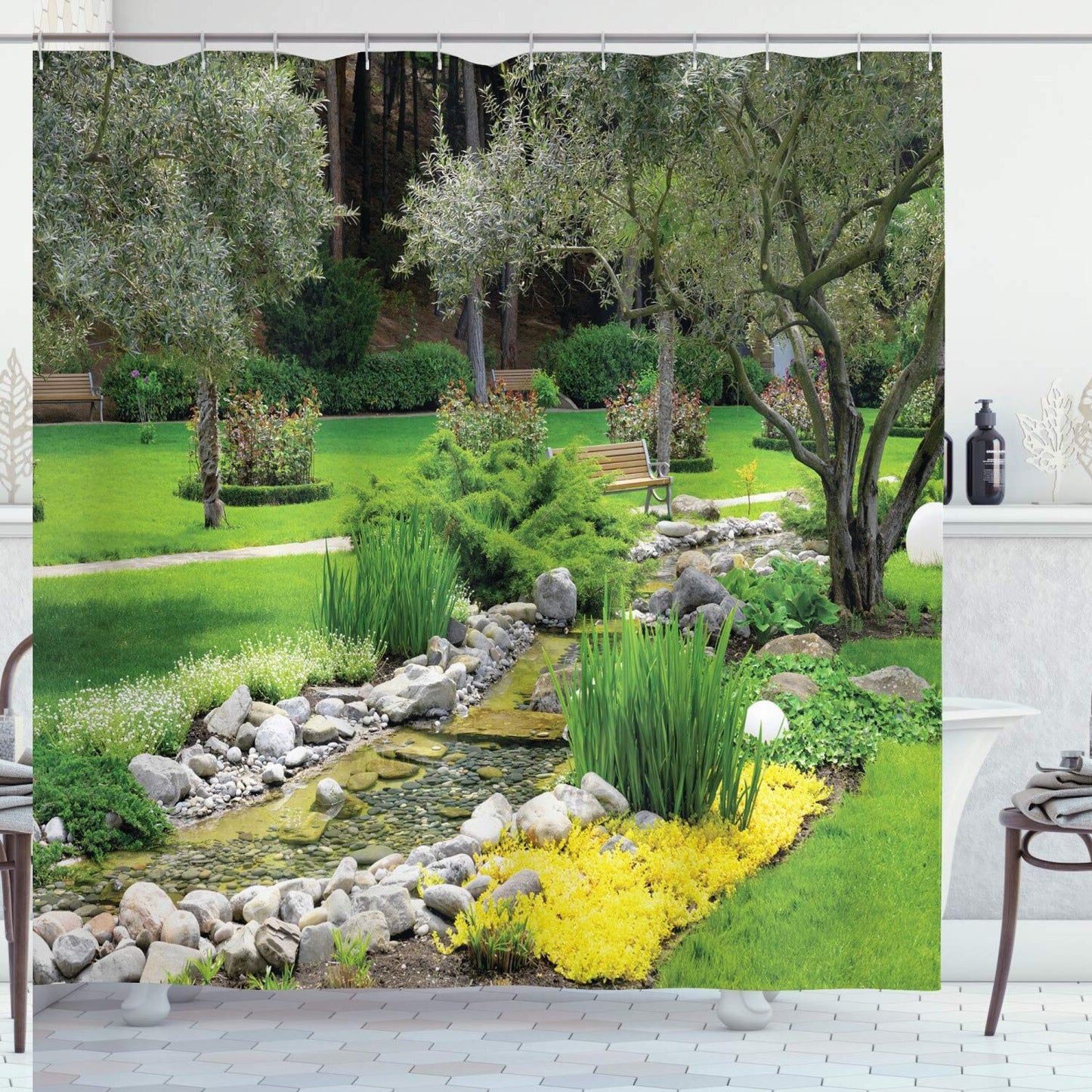 Garden Shower Curtain with Landscape Print, Green, 69" x 75"