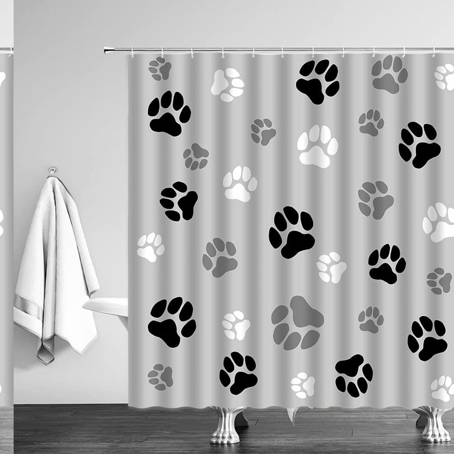 Paw Print Shower Curtain Black White 70x70
