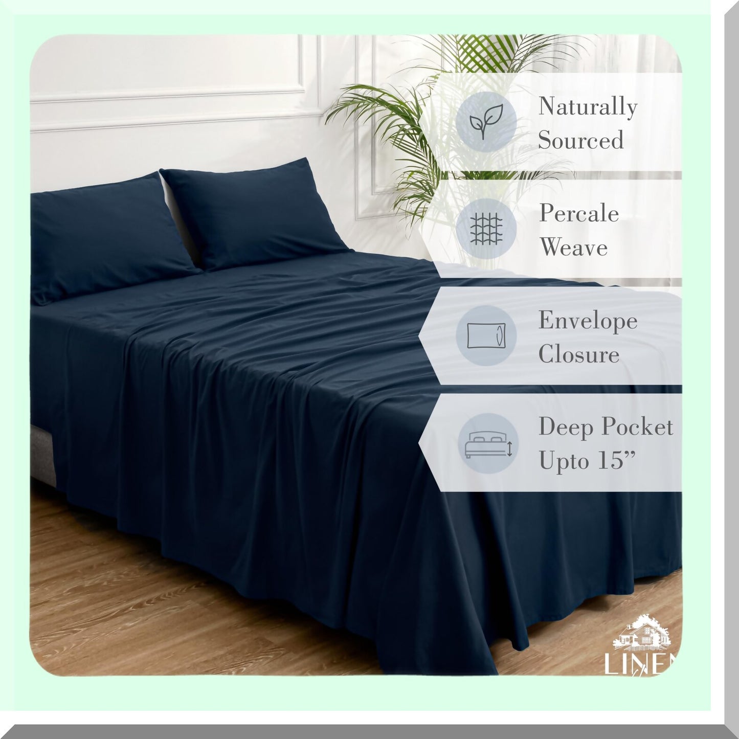 Navy Blue Cotton Percale Deep Pocket Sheet Set - Cool Comfort Bedding with Envelope Closure Pillowcases - 4 Piece Queen Bed Sheets - Breathable & Soft Linens