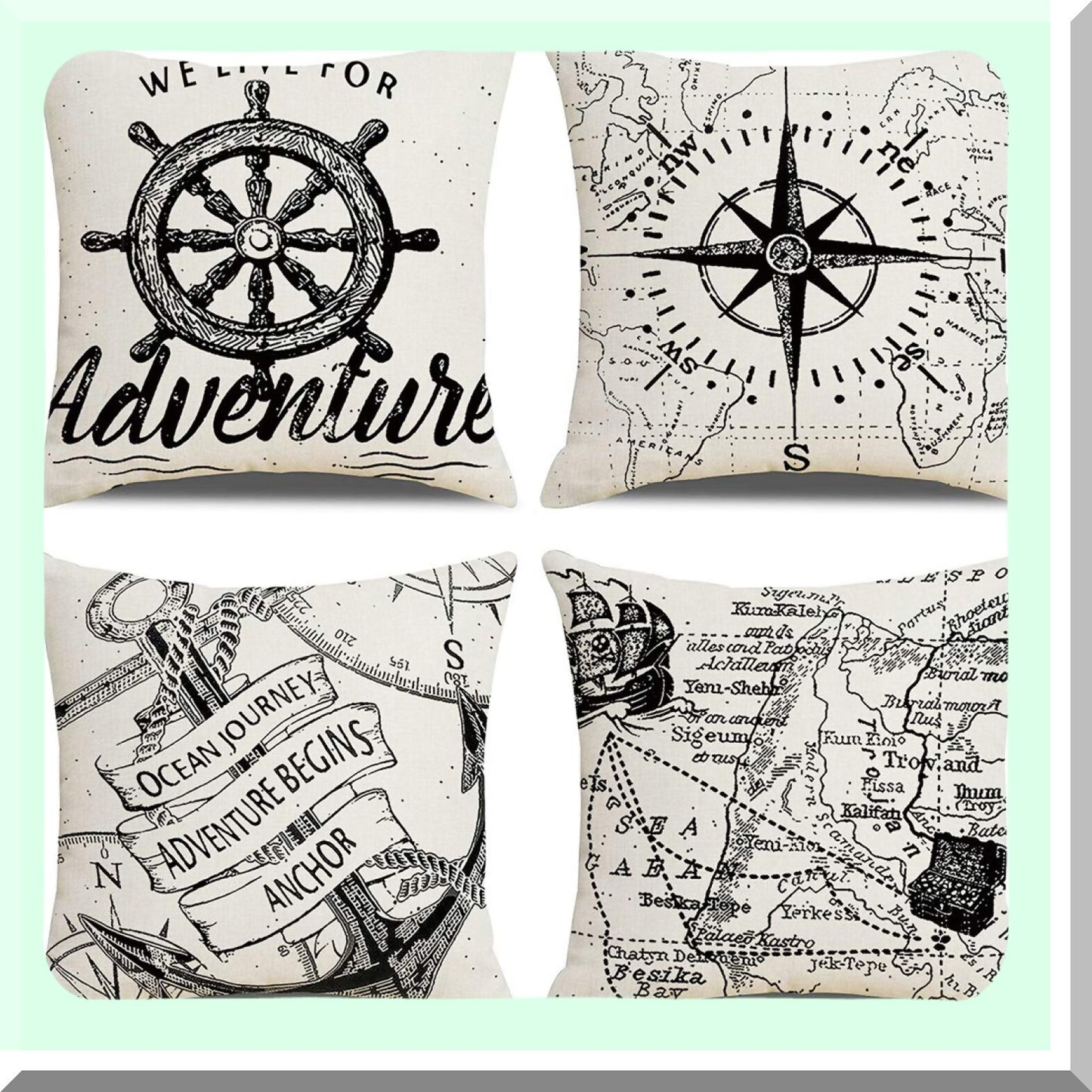 Nautical Voyage Anchor Pillow Covers - Set of 4 Beach/Ocean Decor Cotton Linen Cushion Cases 1818 Black/White - Navigation Style Home Decor Pillowcases