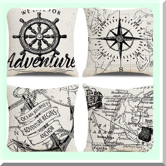 Nautical Voyage Anchor Pillow Covers Set of 4