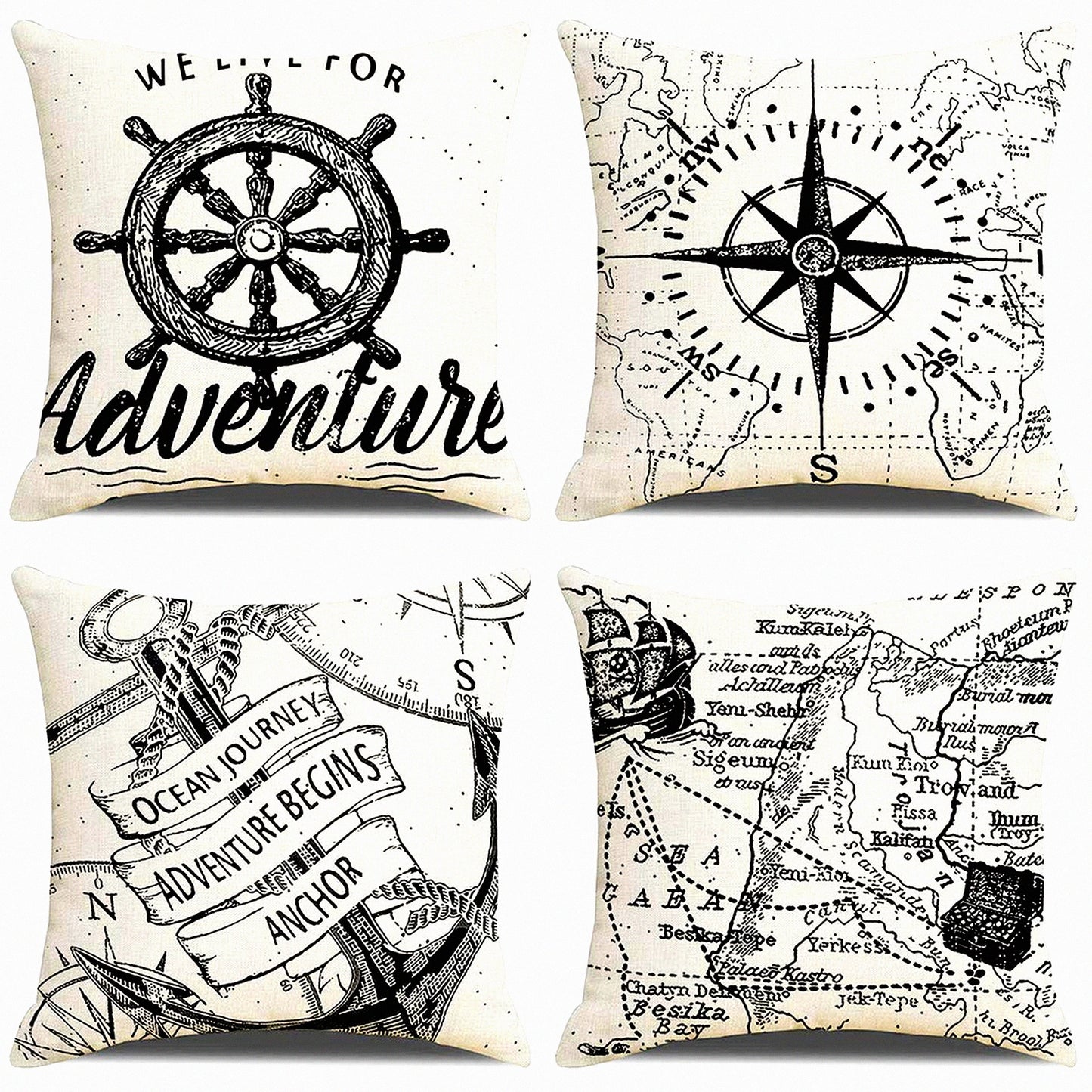 Nautical Voyage Anchor Pillow Covers - Set of 4 Beach/Ocean Decor Cotton Linen Cushion Cases 1818 Black/White - Navigation Style Home Decor Pillowcases