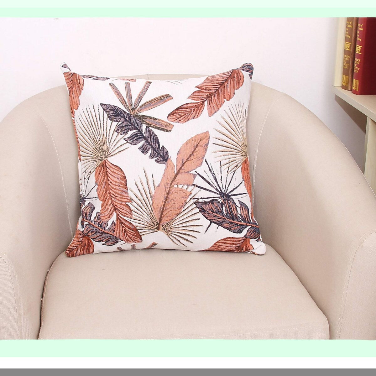 Tropical Leaf Jacquard Chenille Cushion Cover - Brick Red Decorative Throw Pillow - 18 x 18 Inches - Tropical Home Decor - Leaf Pattern Pillow Cover