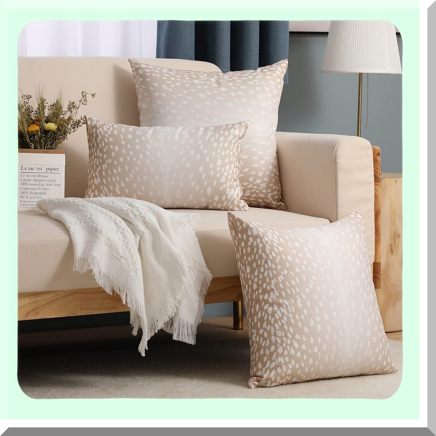 Fawn Linen Antelope Pillow Covers - Set of 2, 18x18 Inch Modern Animal Print Euro Throw Pillow Cases for Couch Sofa Bedroom Decor - Beige White Square Accent Sham