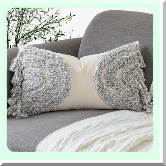 Boho Chic Lumbar Pillow Cover - Tufted Half Moon Design - Stylish Grey Decorative Cushion Case - Cozy Cotton Canvas Accent - Home Decor 12"X 20"