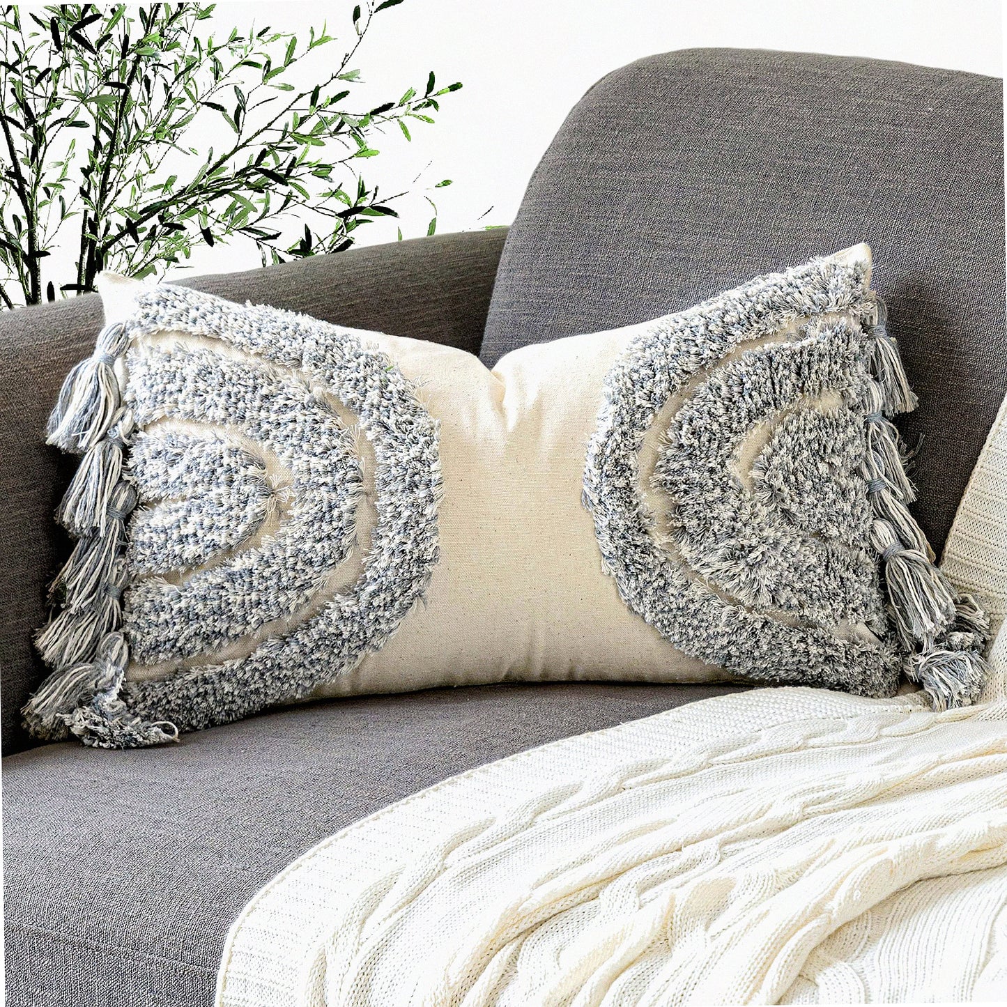 Boho Chic Lumbar Pillow Cover - Tufted Half Moon Design - Stylish Grey Decorative Cushion Case - Cozy Cotton Canvas Accent - Home Decor 12"X 20"
