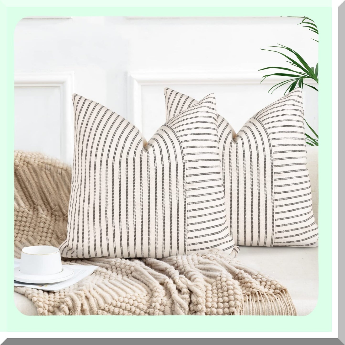 Striped Linen Farmhouse Pillow Covers - Set of 2, Modern Gray Beige Accent Square Throw Cushion Covers for Couch Chair Bedroom Decor - Fall Decorations 18x18