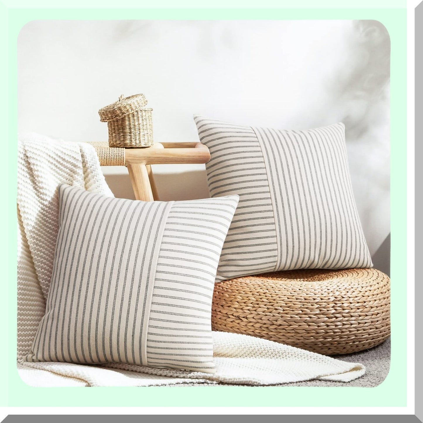 Striped Linen Farmhouse Pillow Covers - Set of 2, Modern Gray Beige Accent Square Throw Cushion Covers for Couch Chair Bedroom Decor - Fall Decorations 18x18