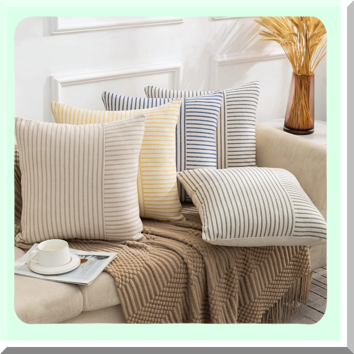 Striped Linen Farmhouse Pillow Covers - Set of 2, Modern Gray Beige Accent Square Throw Cushion Covers for Couch Chair Bedroom Decor - Fall Decorations 18x18
