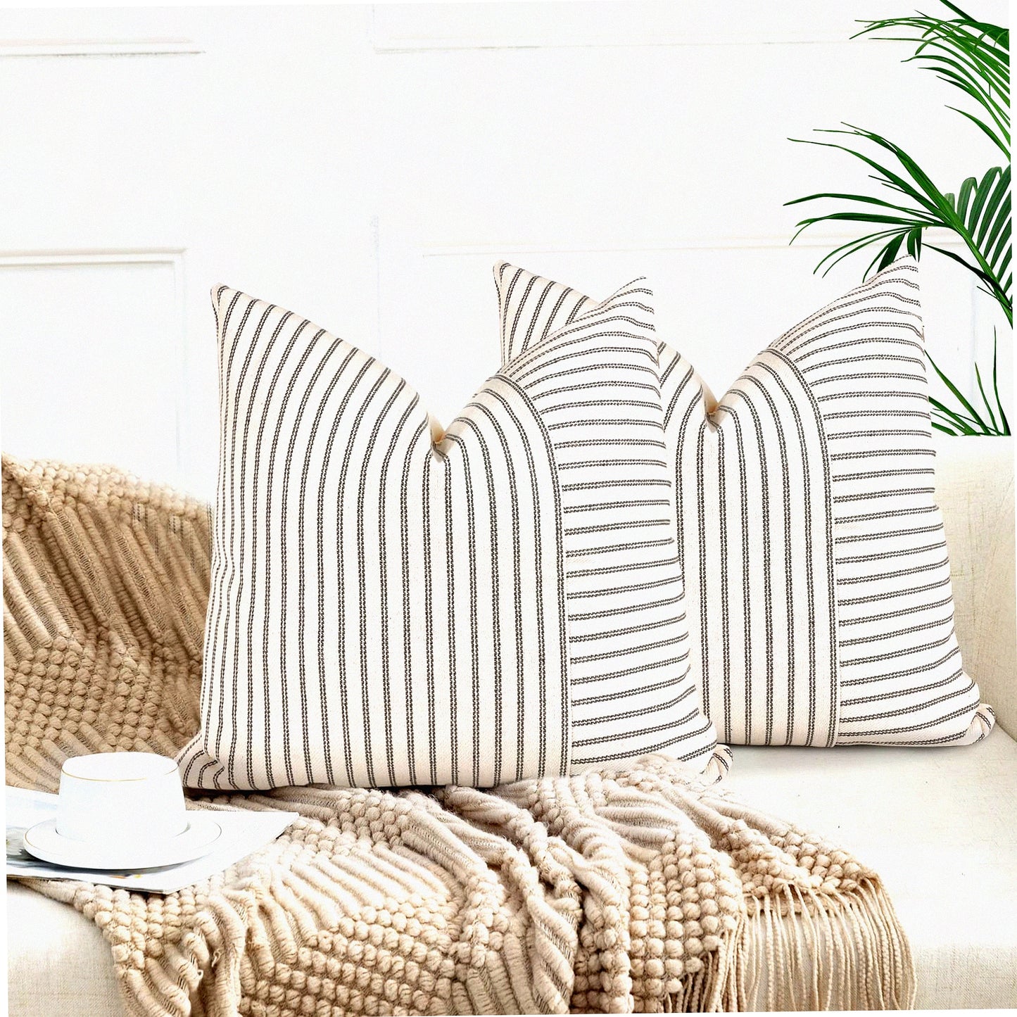 Striped Linen Farmhouse Pillow Covers - Set of 2, Modern Gray Beige Accent Square Throw Cushion Covers for Couch Chair Bedroom Decor - Fall Decorations 18x18