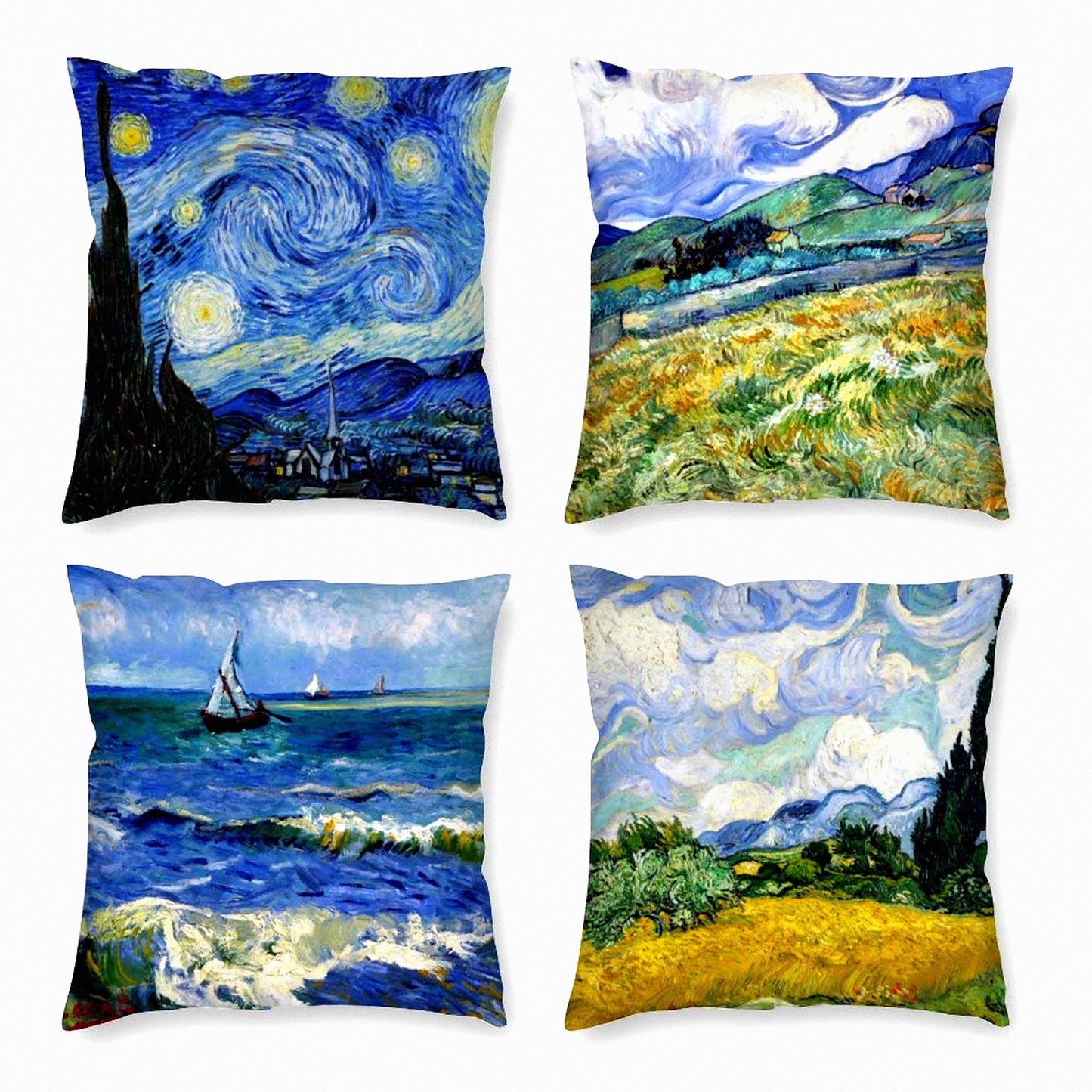 Abstract Art Pillow Covers Set - Van Gogh Inspired Decorative Cushion Cases - Square Famous Painting Fans Collection - 18x18 Inches - Pack of 4