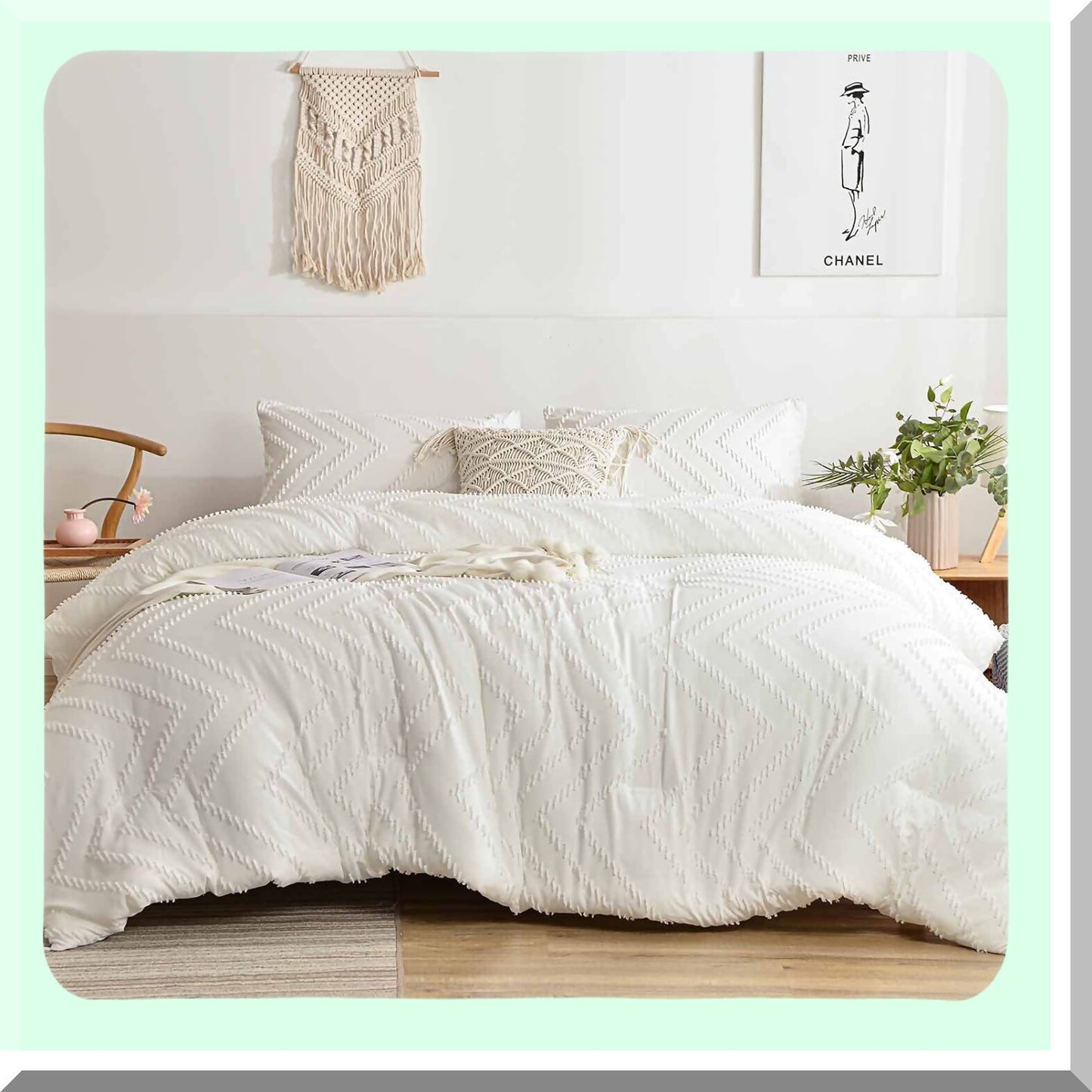 Boho Farmhouse White Tufted Comforter Set - California King Size 3pc - Soft Reversible Down Alternative Microfiber Bedding - All Season Duvet with Pillowcases