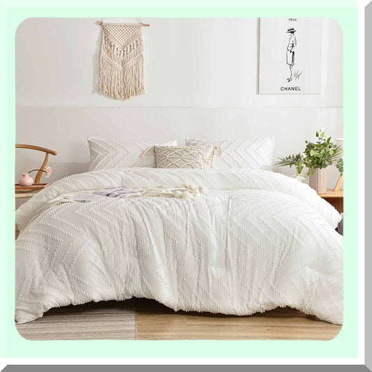Boho Farmhouse White Tufted Comforter Set - California King Size 3pc - Soft Reversible Down Alternative Microfiber Bedding - All Season Duvet with Pillowcases