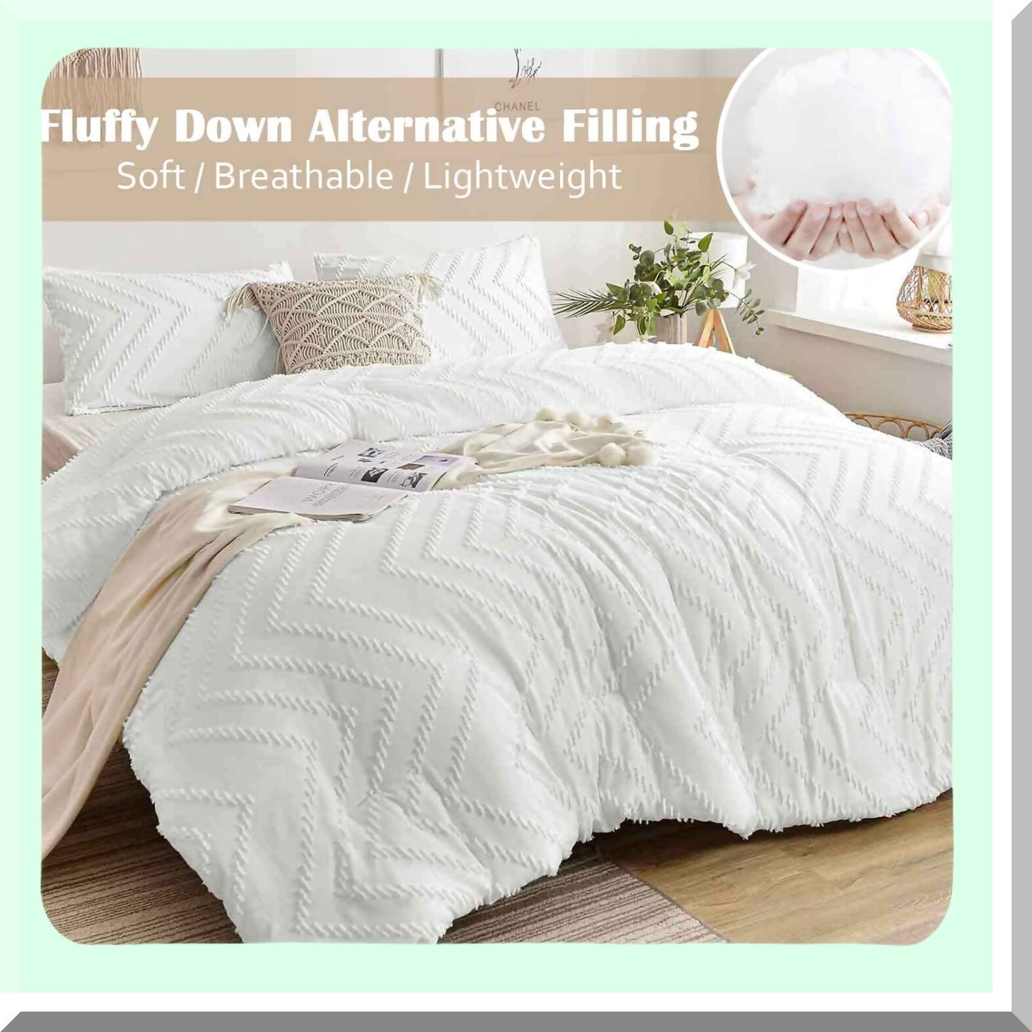 Boho Farmhouse White Tufted Comforter Set - California King Size 3pc - Soft Reversible Down Alternative Microfiber Bedding - All Season Duvet with Pillowcases