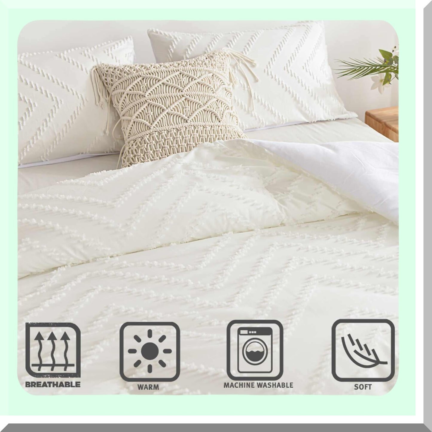 Boho Farmhouse White Tufted Comforter Set - California King Size 3pc - Soft Reversible Down Alternative Microfiber Bedding - All Season Duvet with Pillowcases