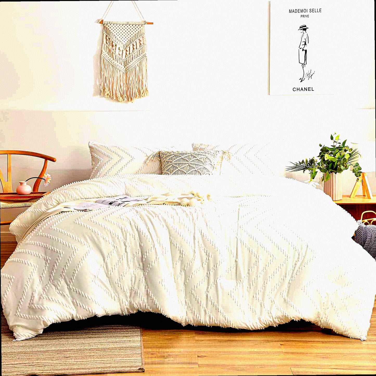 Boho Farmhouse White Tufted Comforter Set - California King Size 3pc - Soft Reversible Down Alternative Microfiber Bedding - All Season Duvet with Pillowcases