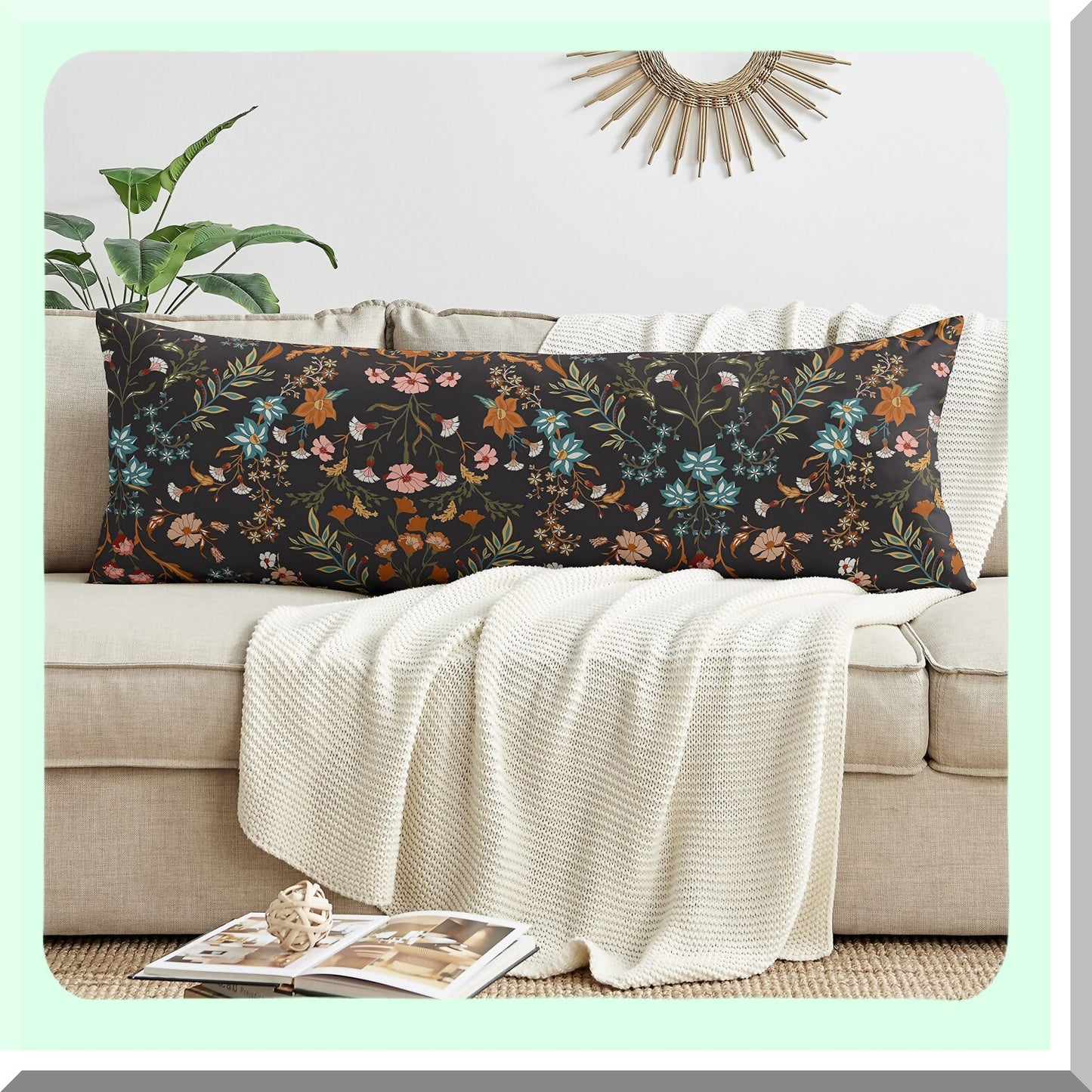 Boho Wildflower Garden Lumbar Pillow Cover - Vintage Floral Botanical Accent Decor for Farmhouse Chic Home Decor - Black Orange Flower Print Case