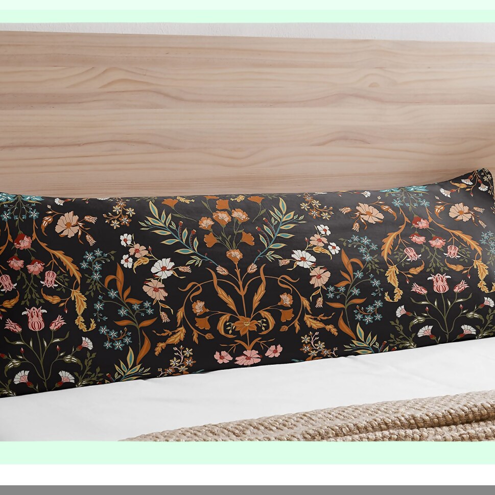 Boho Wildflower Garden Lumbar Pillow Cover - Vintage Floral Botanical Accent Decor for Farmhouse Chic Home Decor - Black Orange Flower Print Case