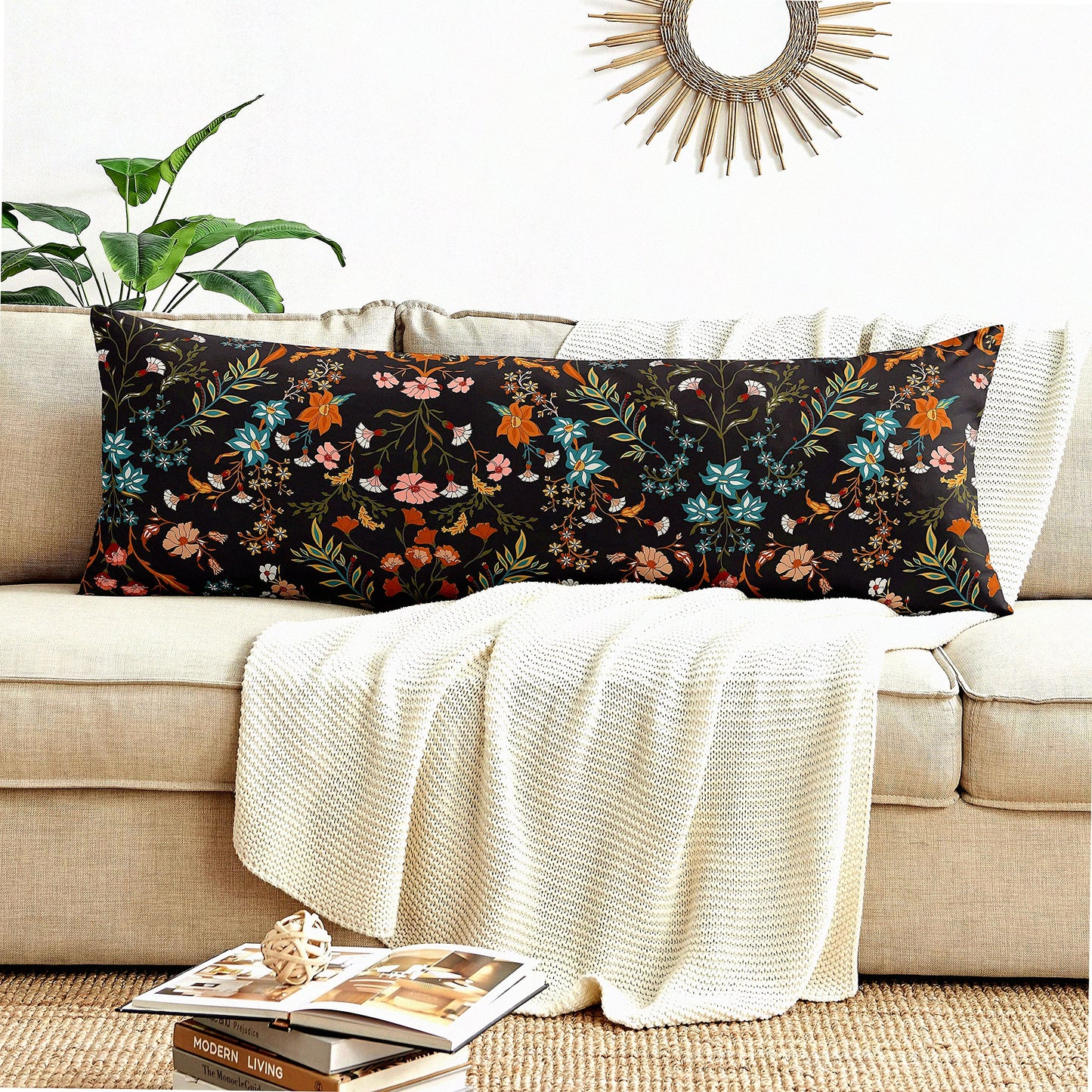 Boho Wildflower Garden Lumbar Pillow Cover - Vintage Floral Botanical Accent Decor for Farmhouse Chic Home Decor - Black Orange Flower Print Case