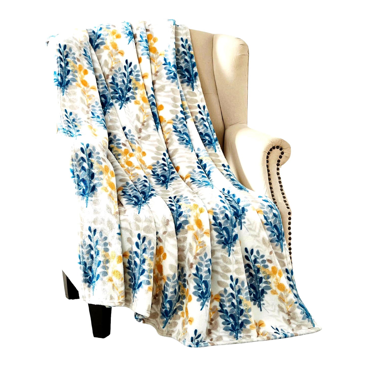 CozyLeaf Fleece Throw: Velvety Soft, Durable Blanket for Bed or Couch, Teal & Yellow Leaf Design, 50x70 inches