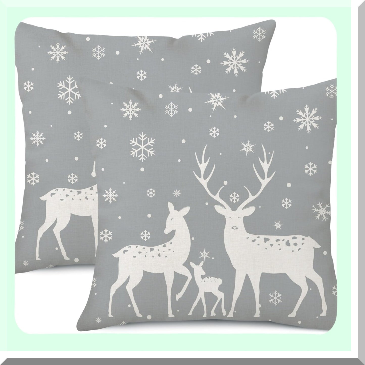Winter Wonderland Deer Pillowcase Set - 18x18 Inch Snowflake Holiday Decor Cushion Cover for Sofa Bed - Grey Square Linen (Pack of 2)