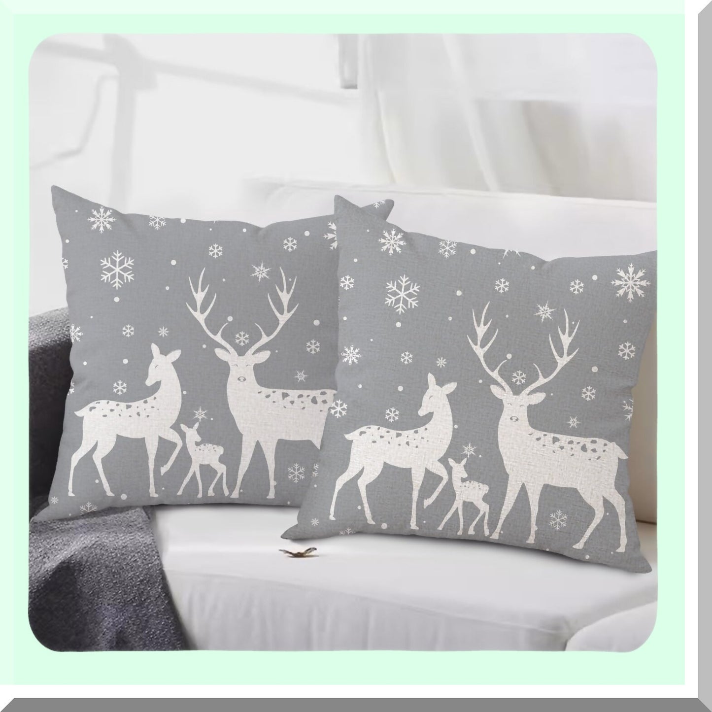 Winter Wonderland Deer Pillowcase Set - 18x18 Inch Snowflake Holiday Decor Cushion Cover for Sofa Bed - Grey Square Linen (Pack of 2)