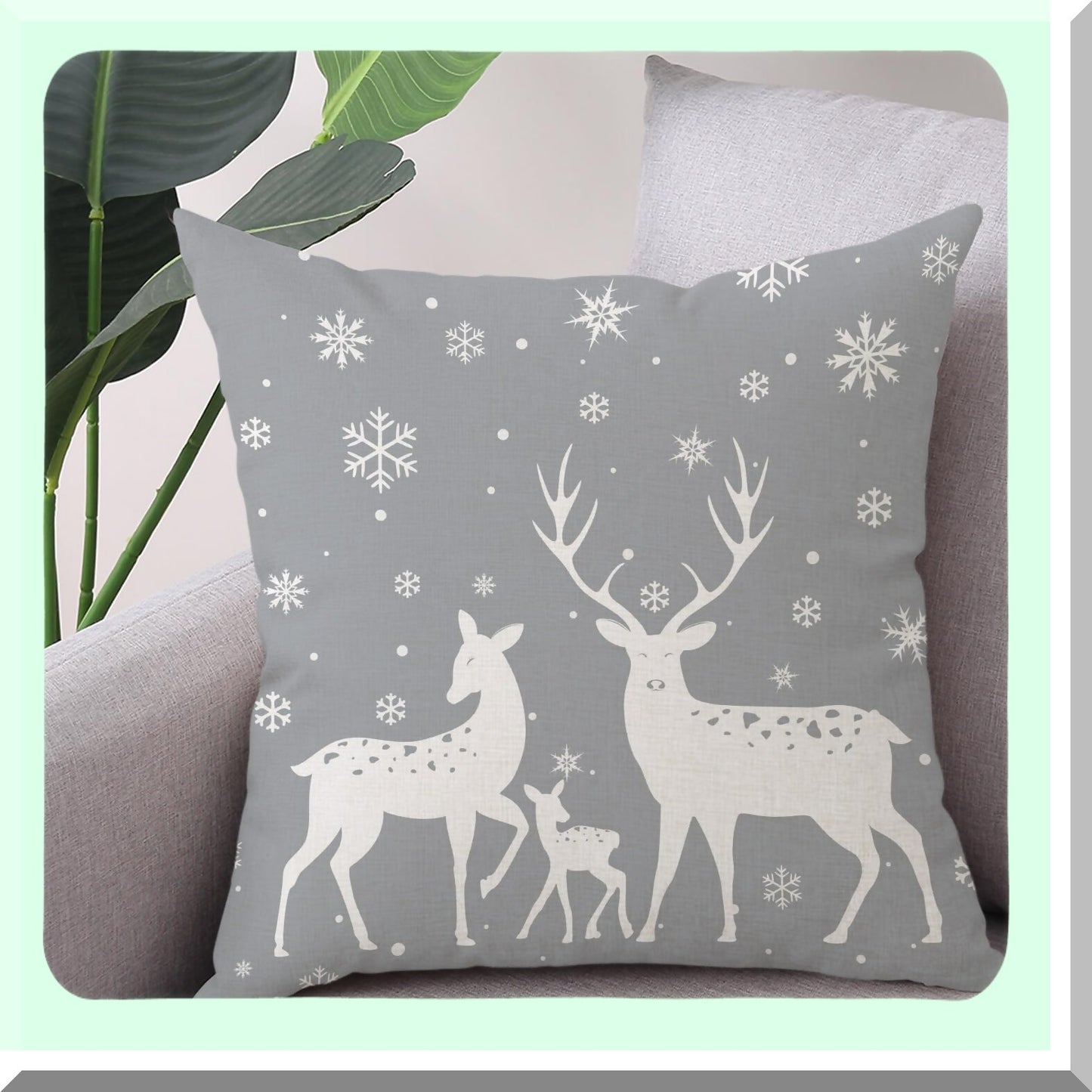 Winter Wonderland Deer Pillowcase Set - 18x18 Inch Snowflake Holiday Decor Cushion Cover for Sofa Bed - Grey Square Linen (Pack of 2)