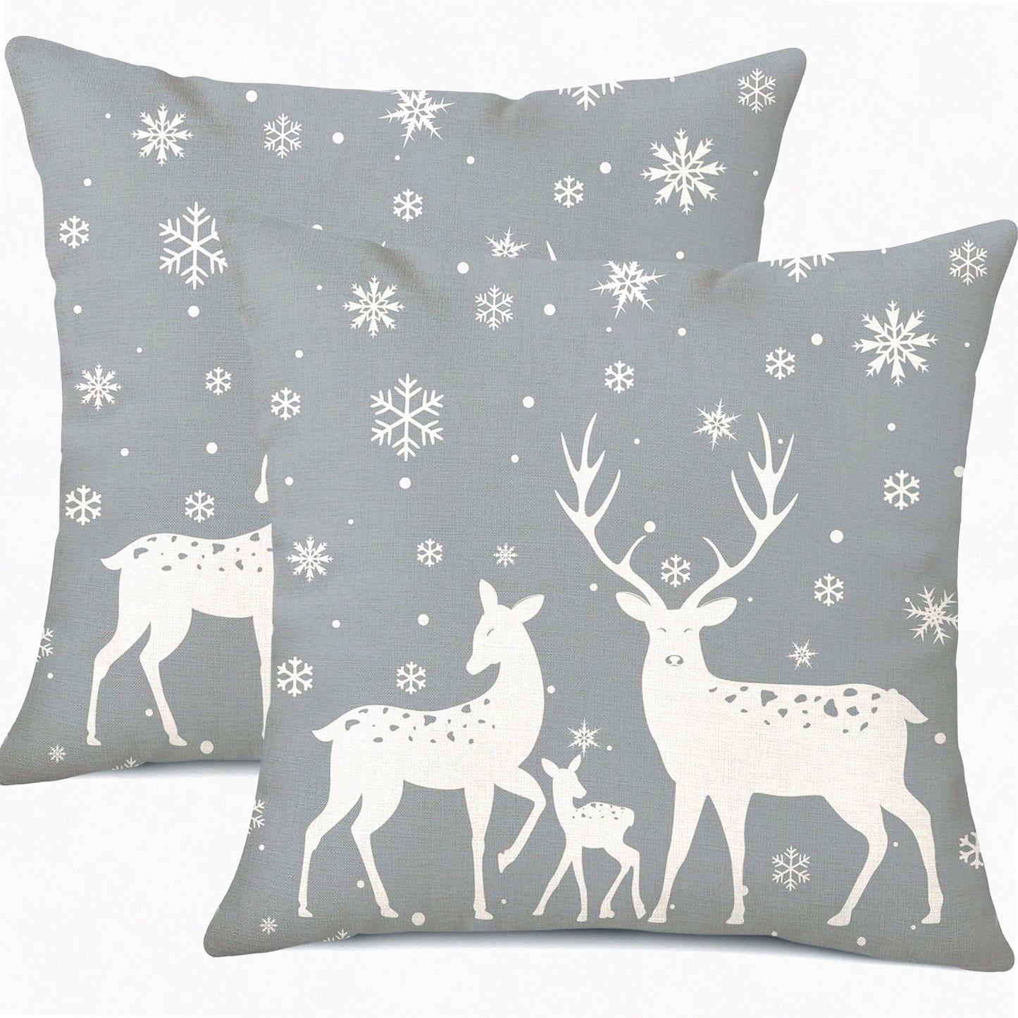 Winter Wonderland Deer Pillowcase Set - 18x18 Inch Snowflake Holiday Decor Cushion Cover for Sofa Bed - Grey Square Linen (Pack of 2)