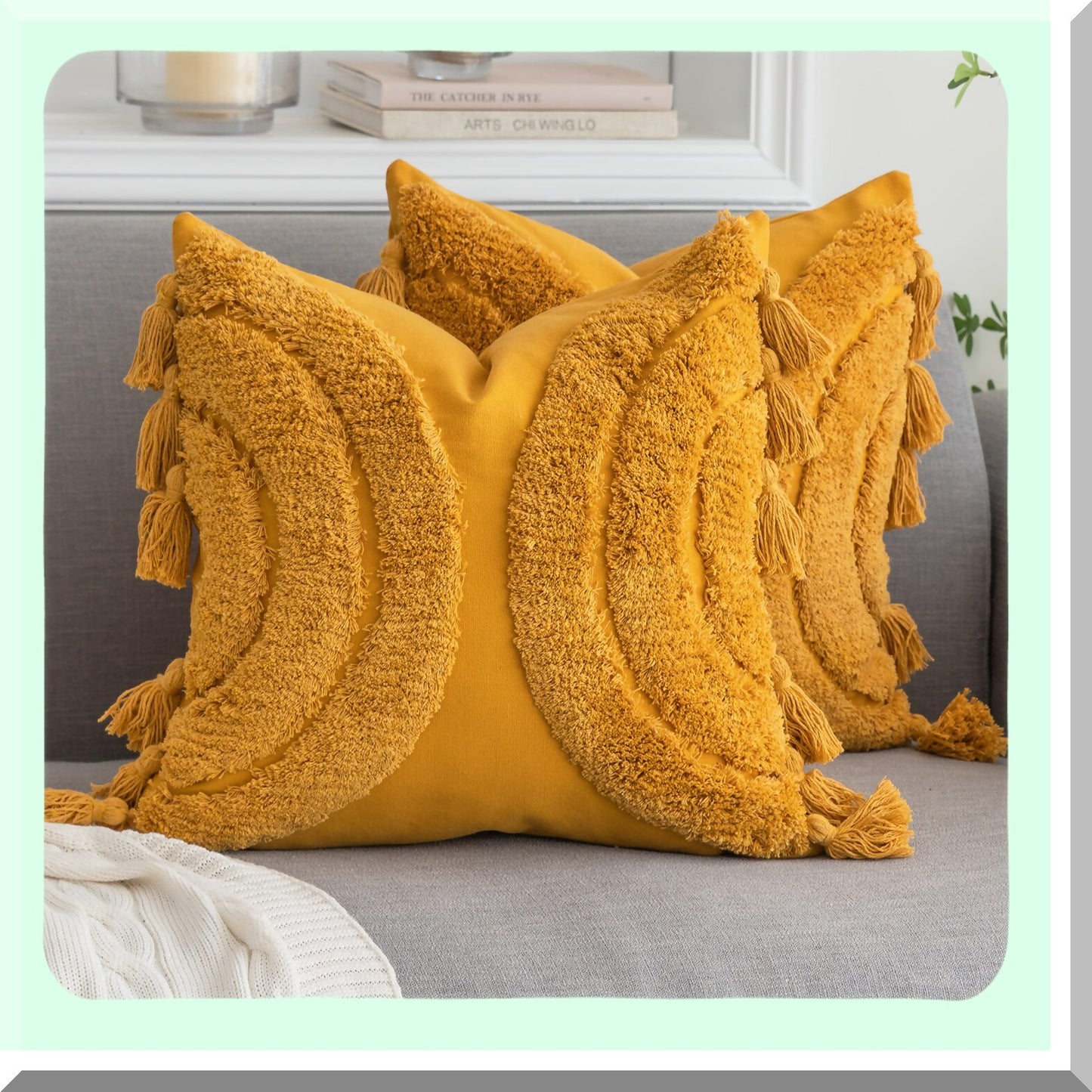Boho Rainbow Tufted Cushion Covers - Cozy Half Moon Accent Decorative Throw Pillow Cases for Home Decor, 18"X 18" Mustard Yellow 2 Pack