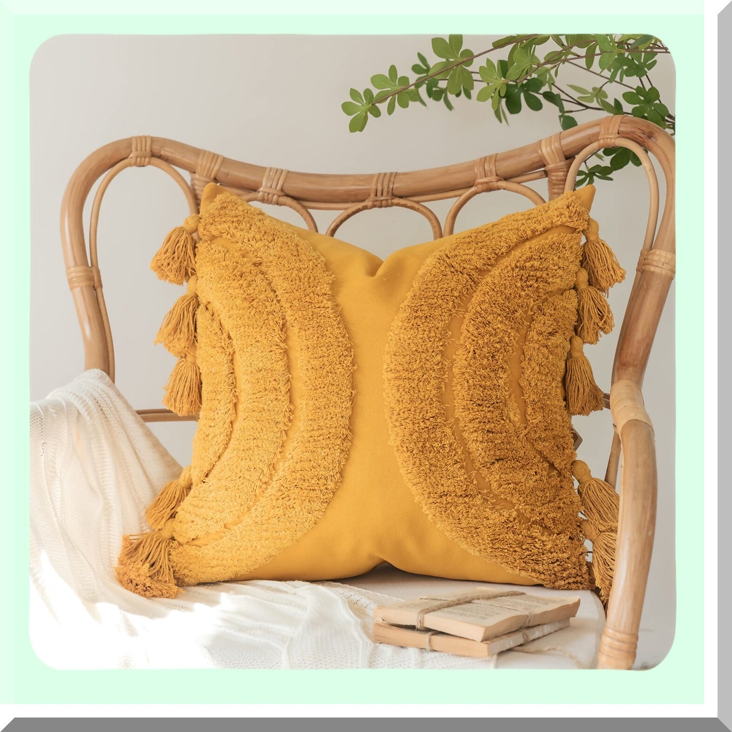 Boho Rainbow Tufted Cushion Covers - Cozy Half Moon Accent Decorative Throw Pillow Cases for Home Decor, 18"X 18" Mustard Yellow 2 Pack